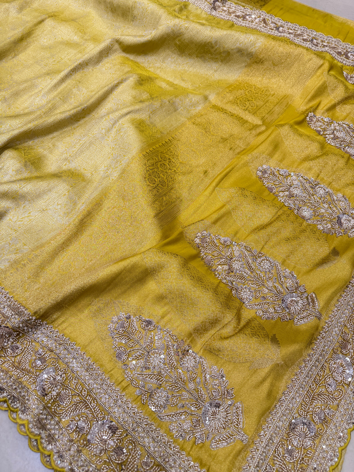 Neon Crepe Tissue Woven Silk Moti Sequin Saree
