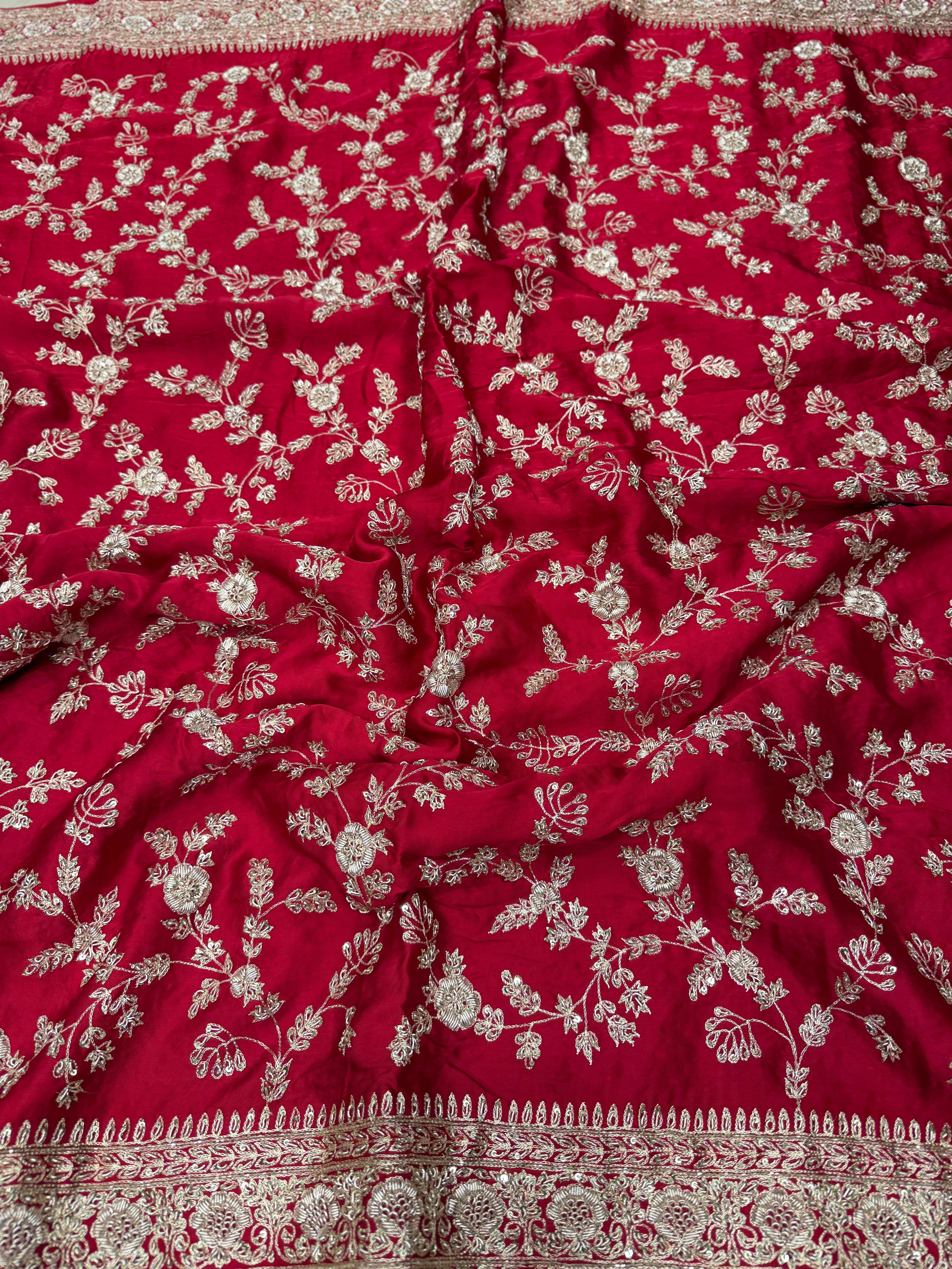 Red Hand Embroidery Mughal Jaal Pure Satin Zardosi Embroidery