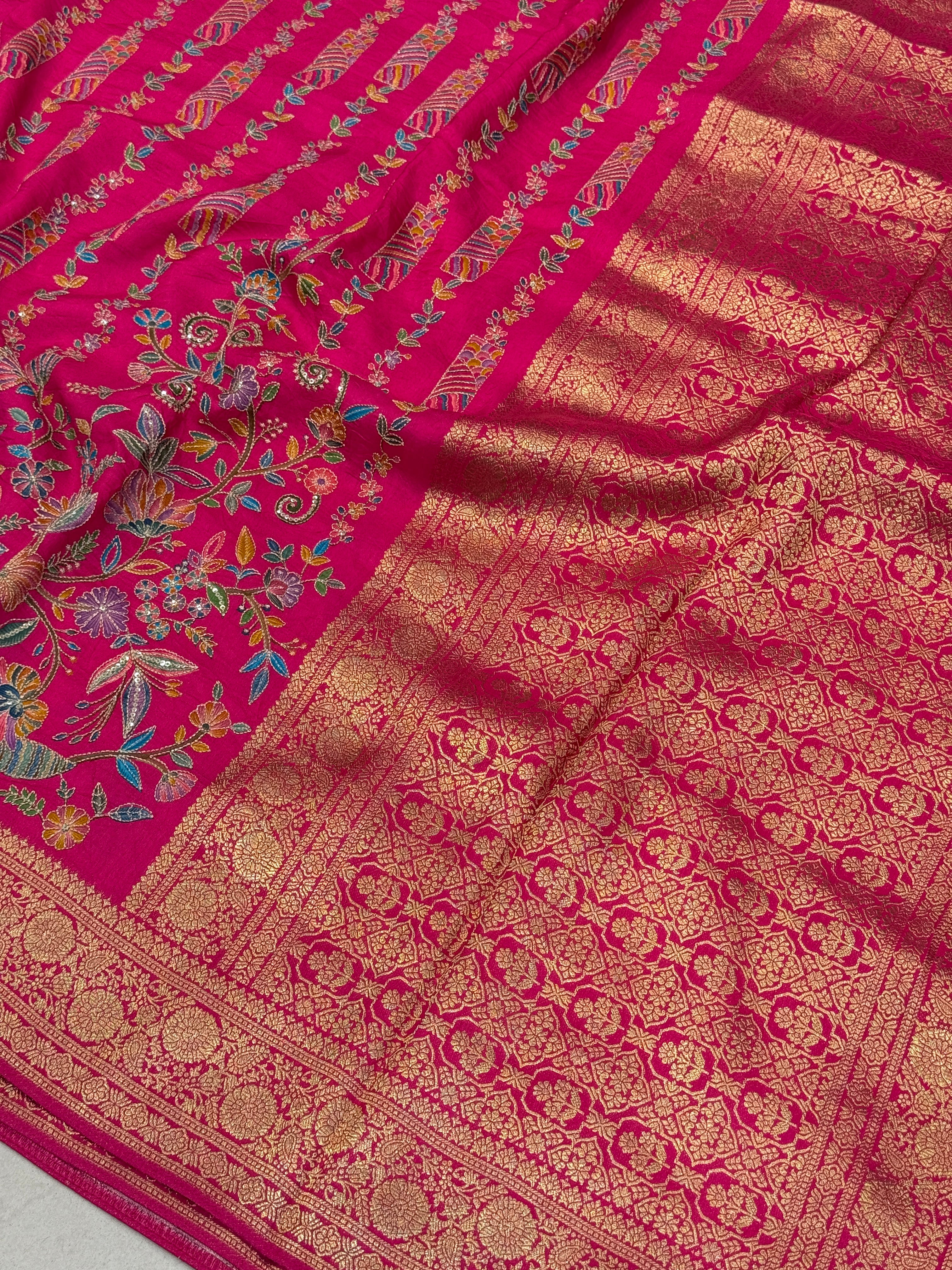 Rani Banarasi Munga With Pita Embroidery