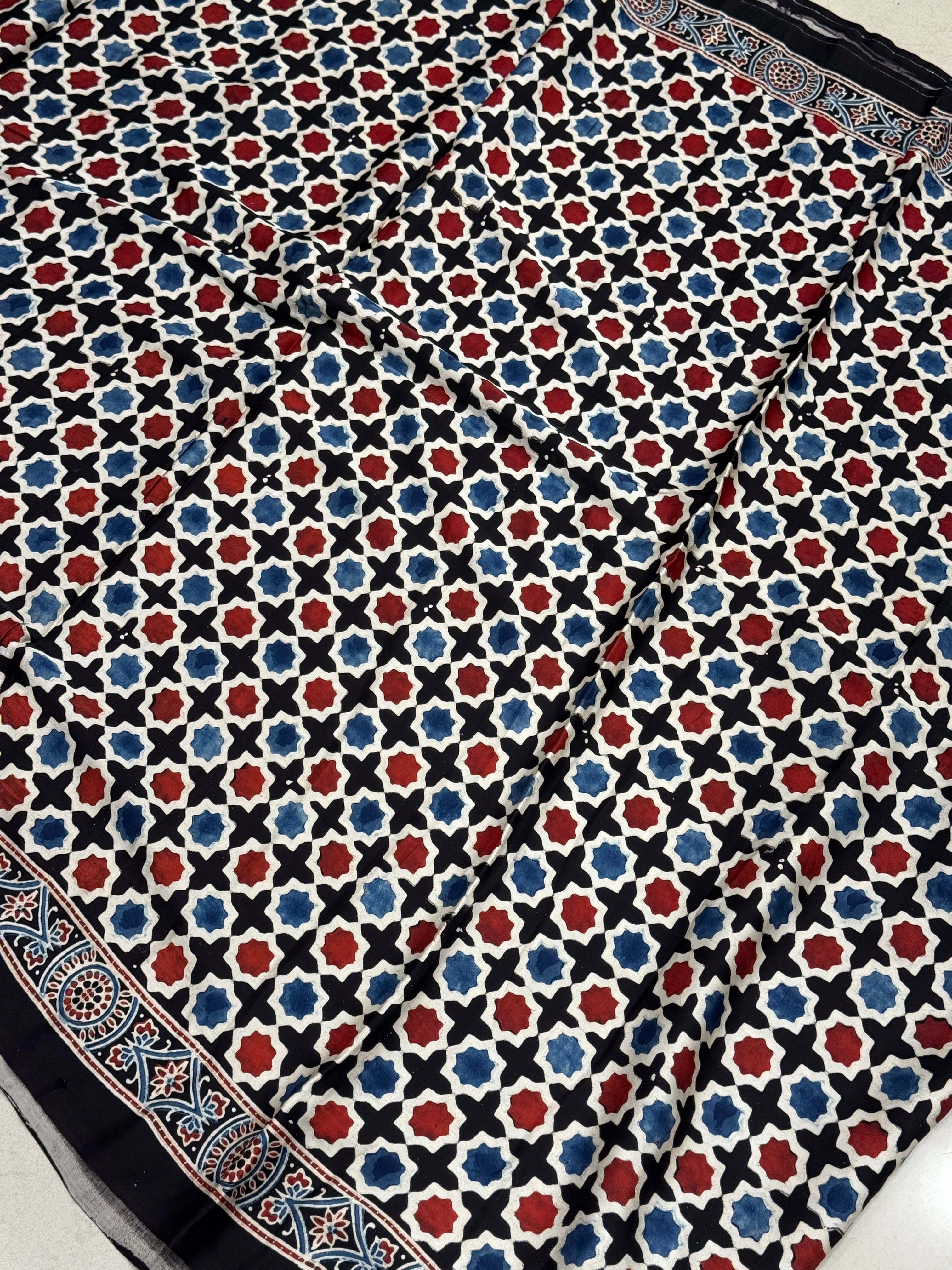 Star Cross Butti Modal Gajji Silk Ajrakh Saree