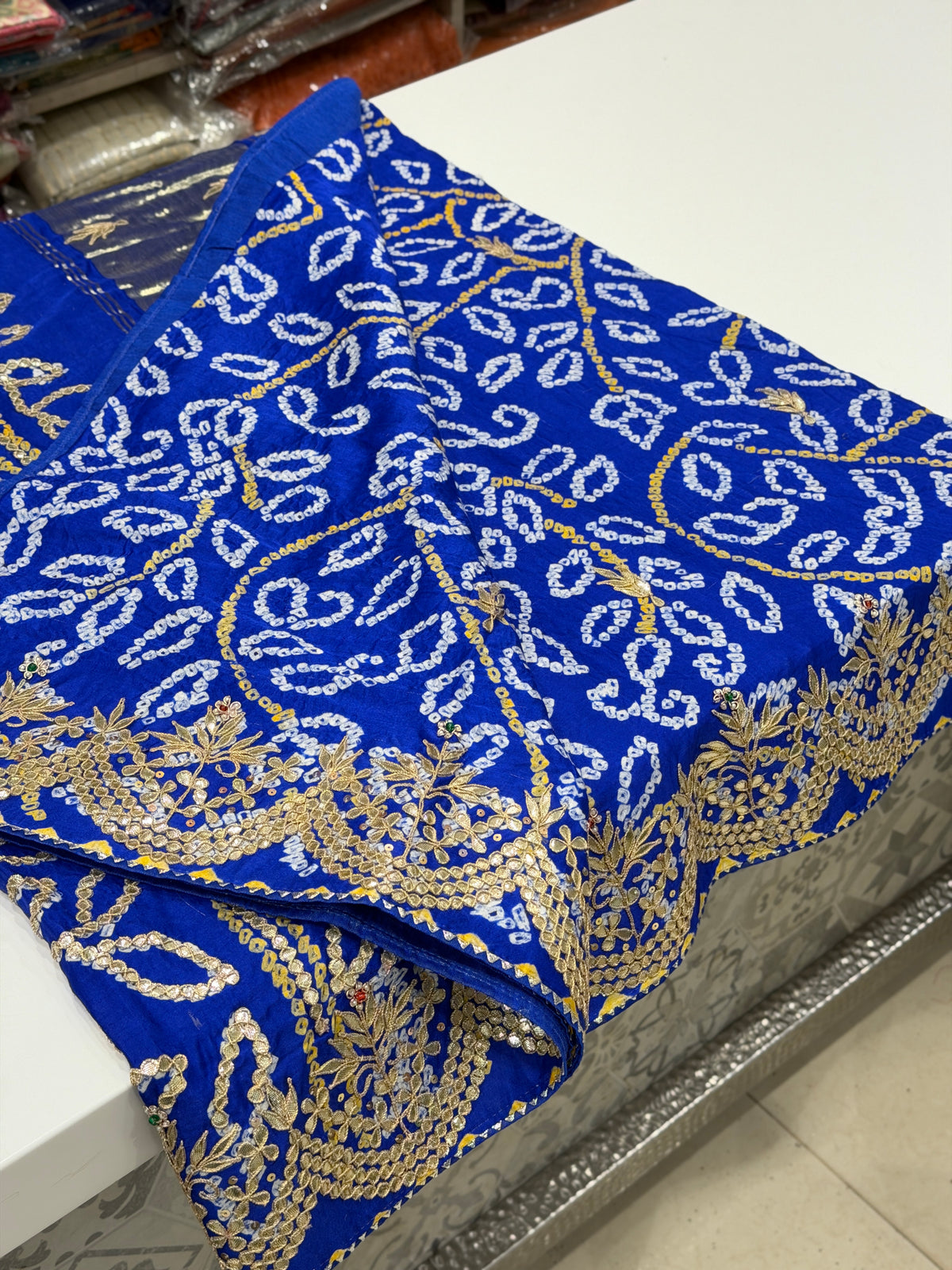 Royal Blue Gajji Silk Rai Bandhej Gotapatti Marodi Hand Embroidery Saree