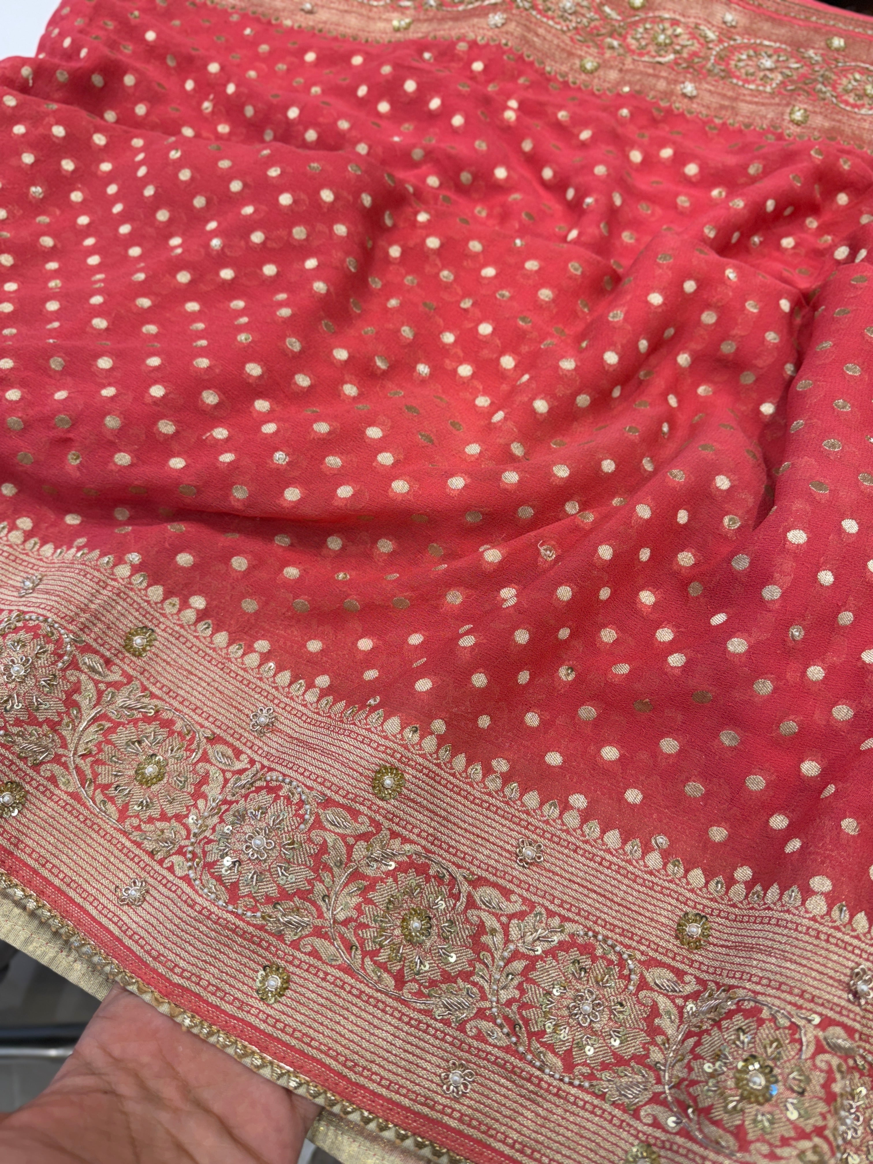 Peach Banarasi Khaddi Georgette Zardosi Embroidery Saree