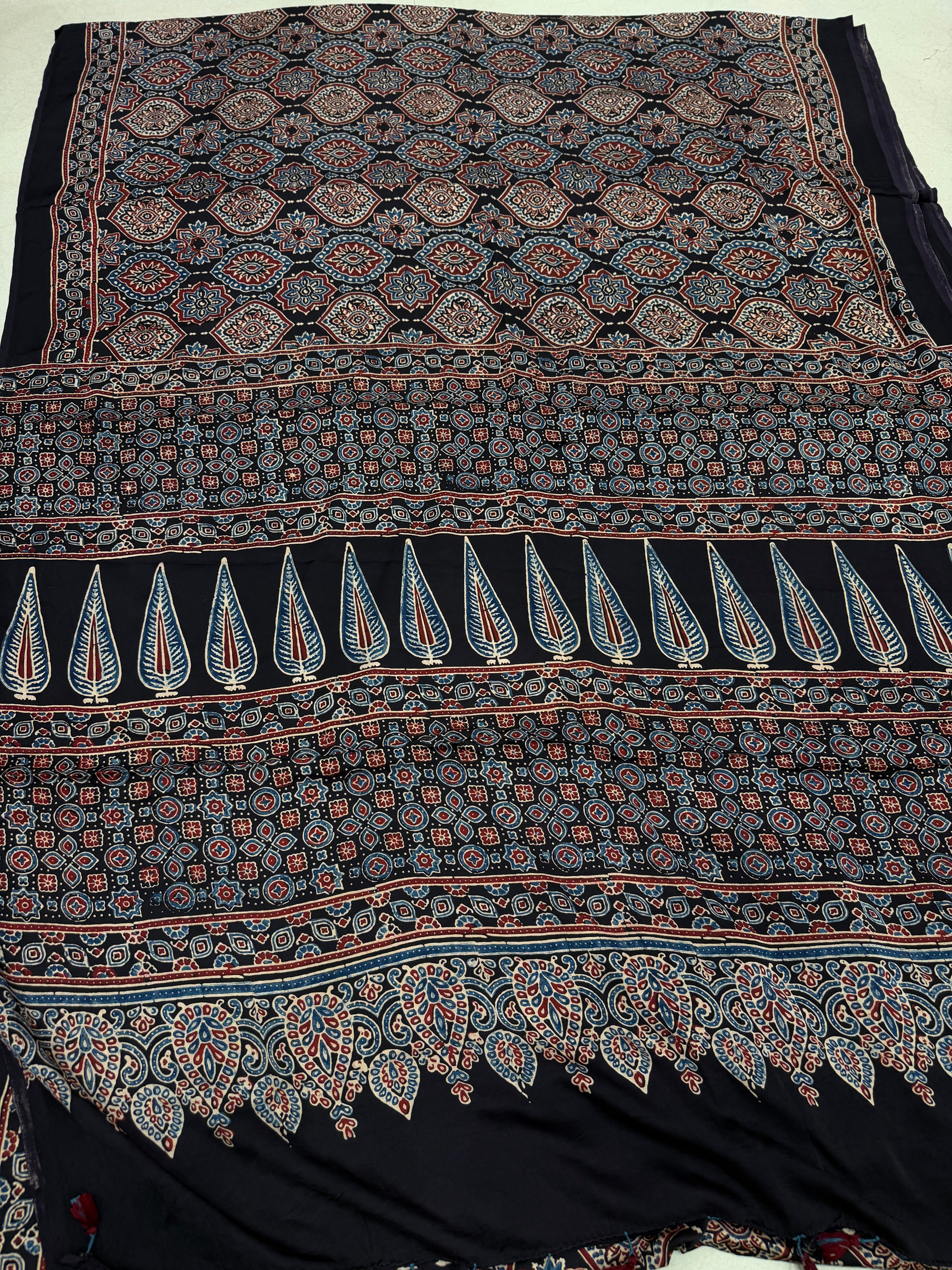 Black Badam Jaal Ajrakh Block Print Hand Pure Gajji Silk Saree