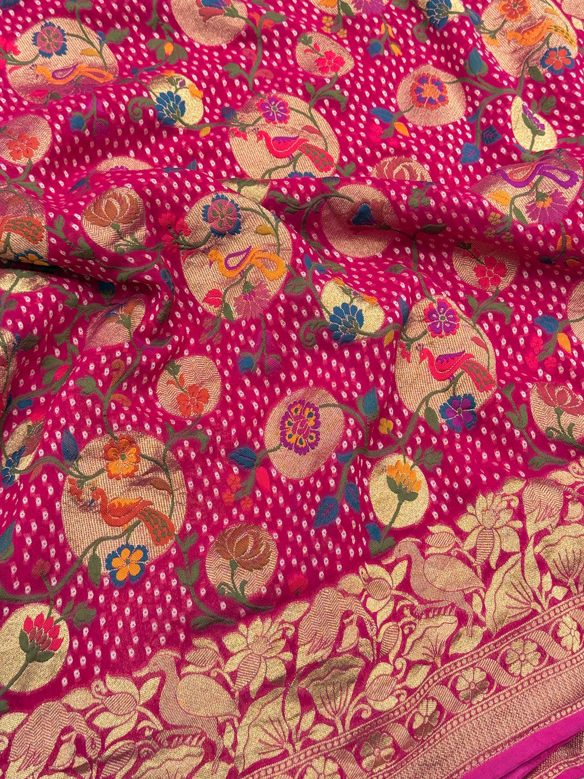 Rani Chandra Mor Meenakari Woven Bandhej Saree