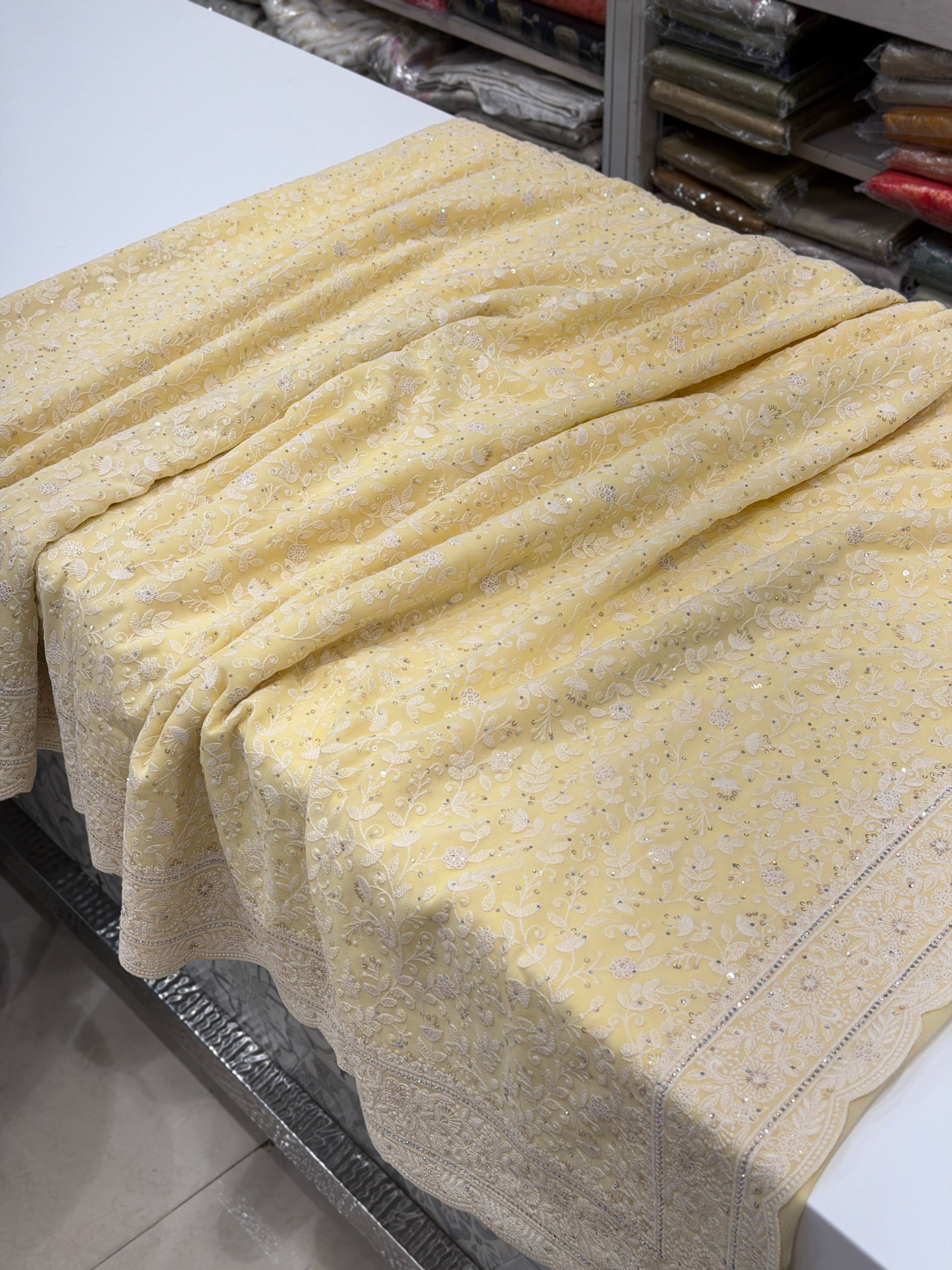 Yellow Chikankari Scallop Saree Floral Design