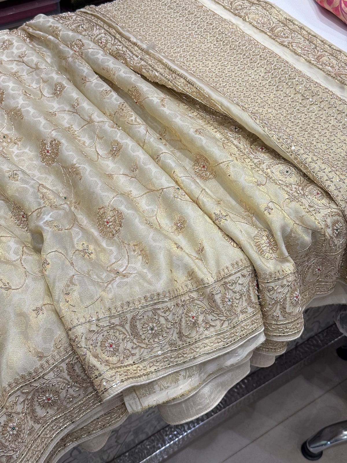 Beige Banarasi Crepe Tissue Zardodi Jaal Hand Embroidery Saree