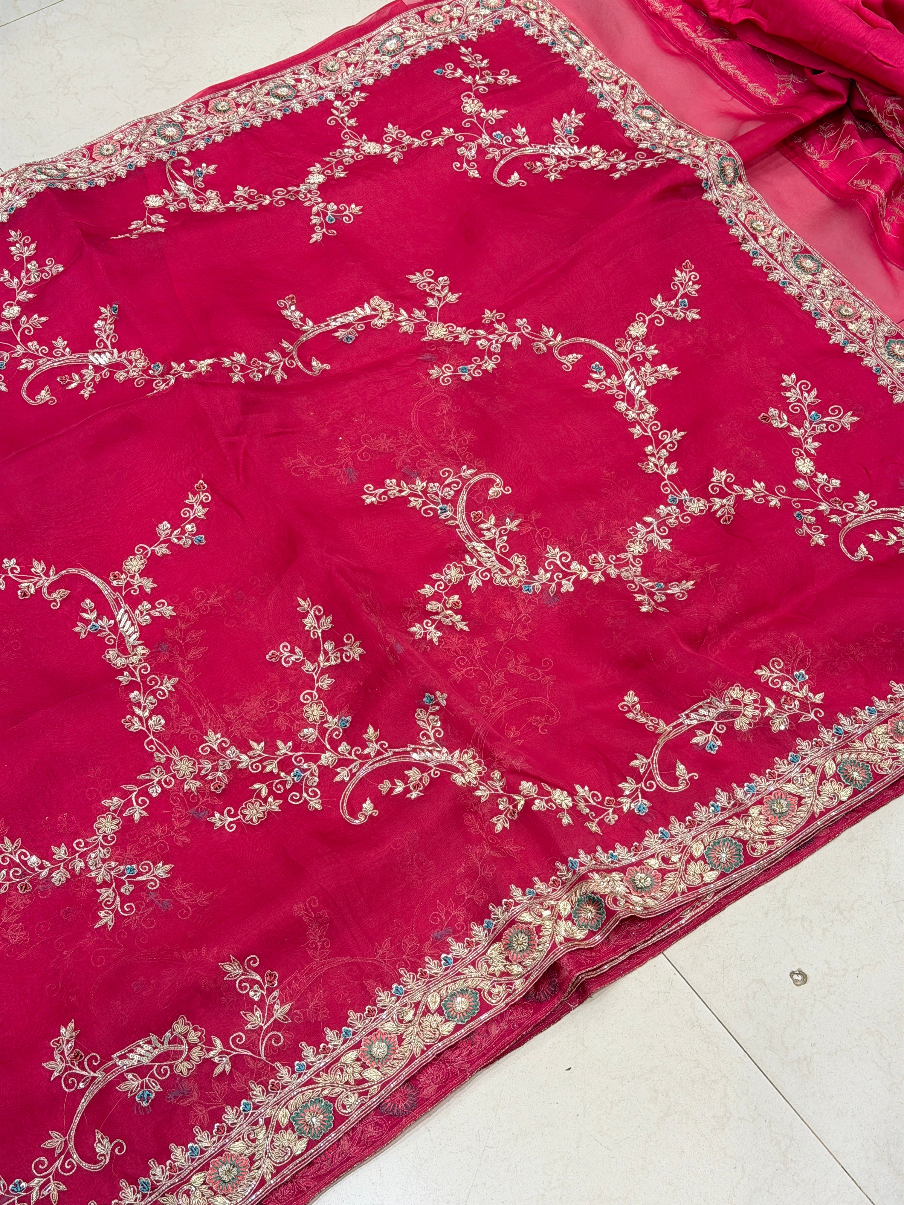 Rani Pink Organza Resham Zardosi Hand Embroidery Saree