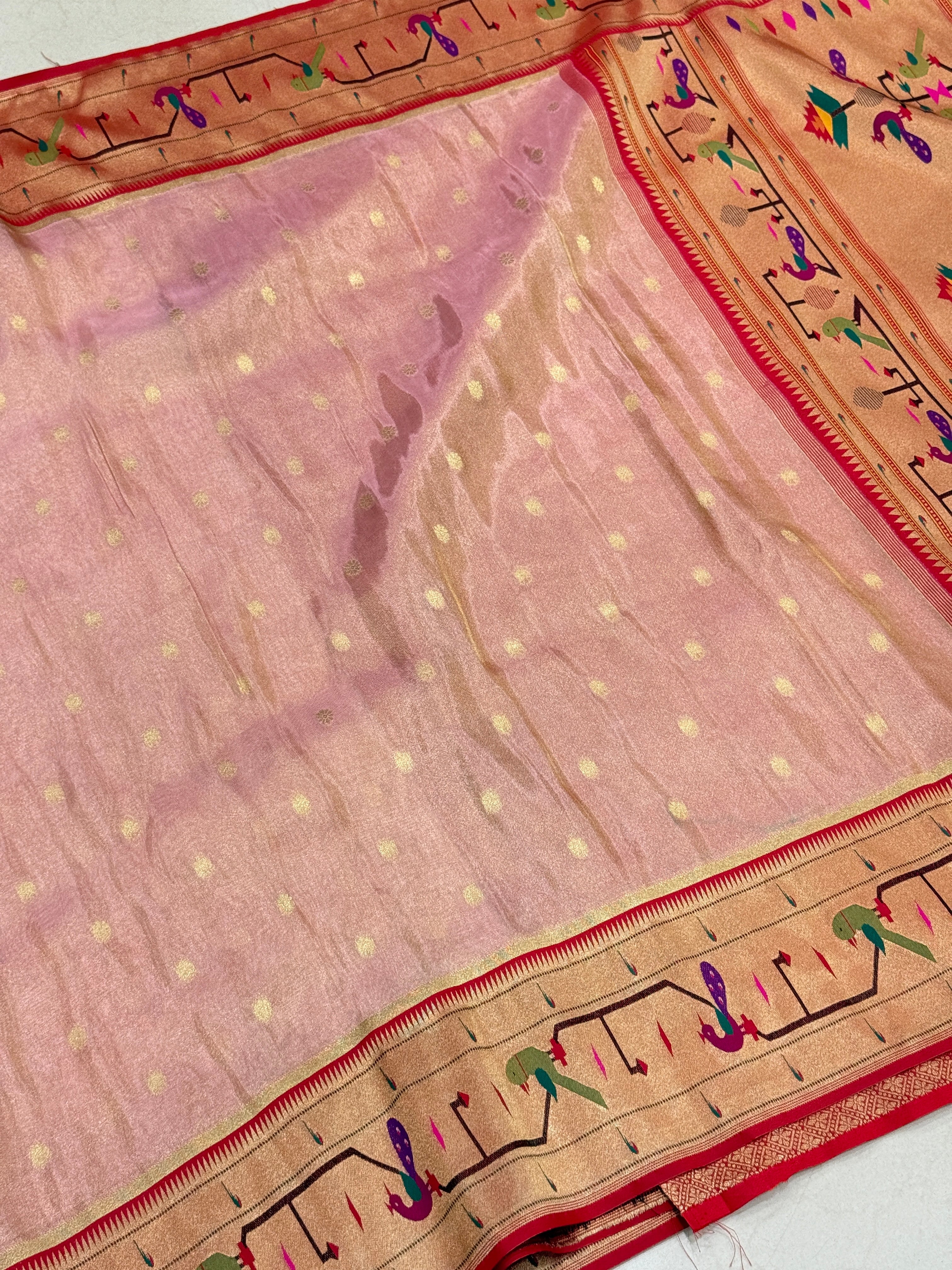 Pink Tissue Paithani Peacock Parrot Border Saree
