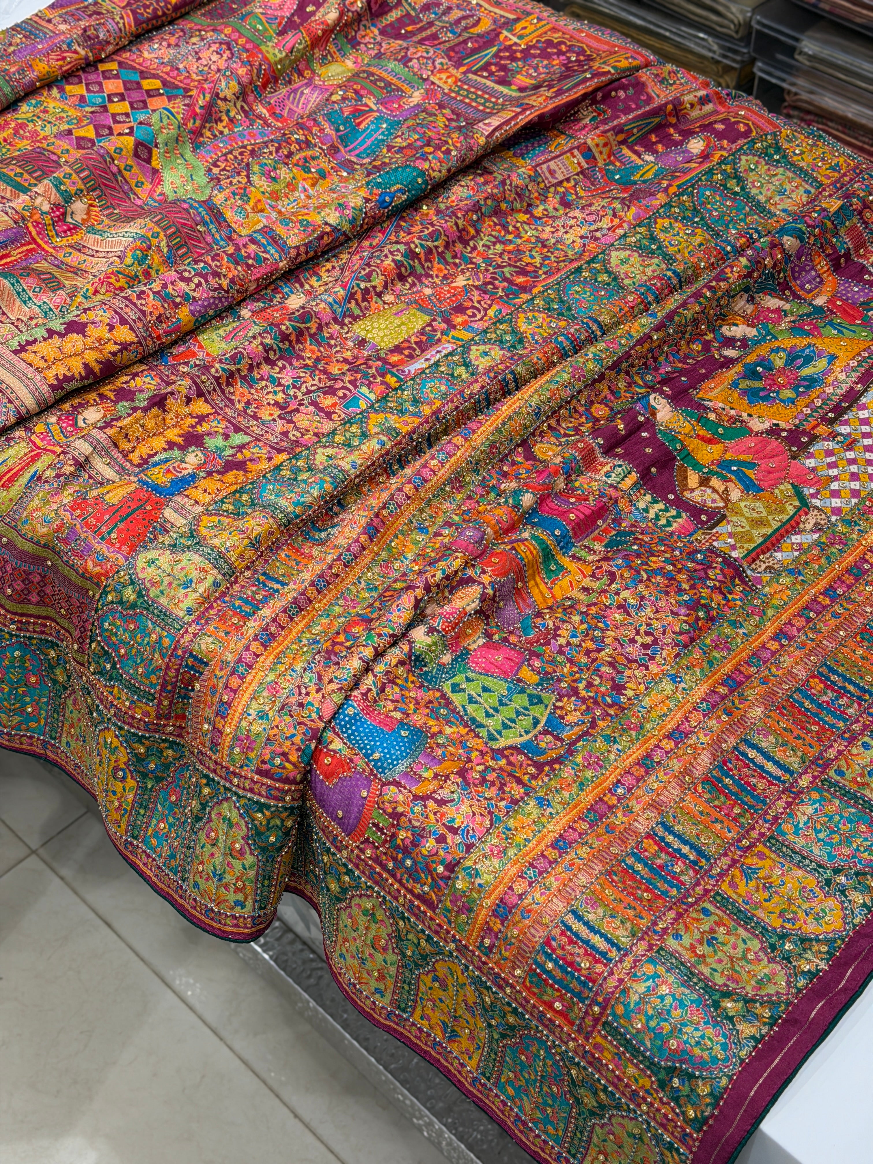 Wine Pashmina Inspired Darbar Weaved Munga Hand Embroidery Saree