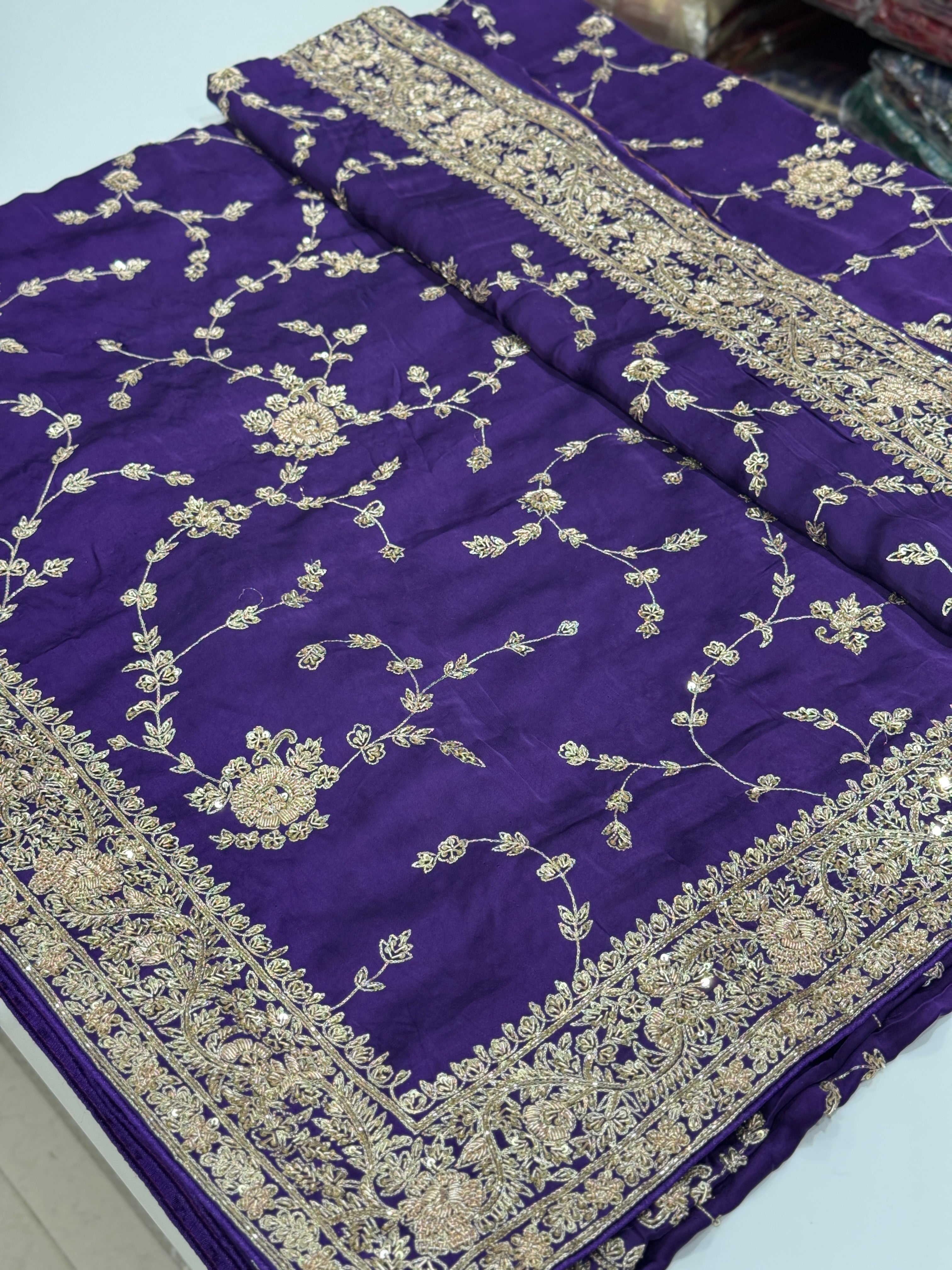 Violet Hand Embroidery Jaal Pure Satin Zardosi Embroidery