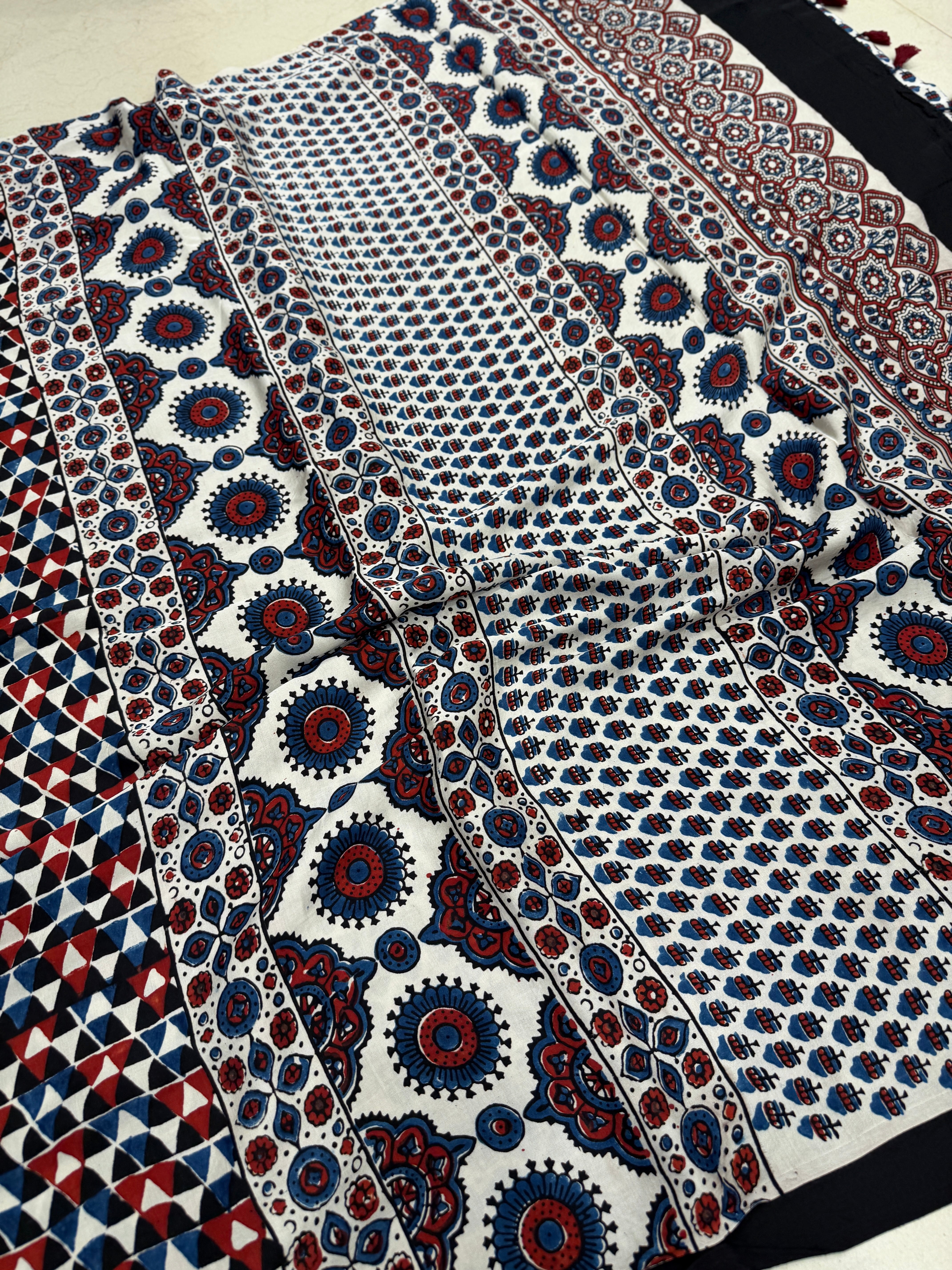White Triangle Ajrakh Hand Block Print Pure Modal Silk Saree