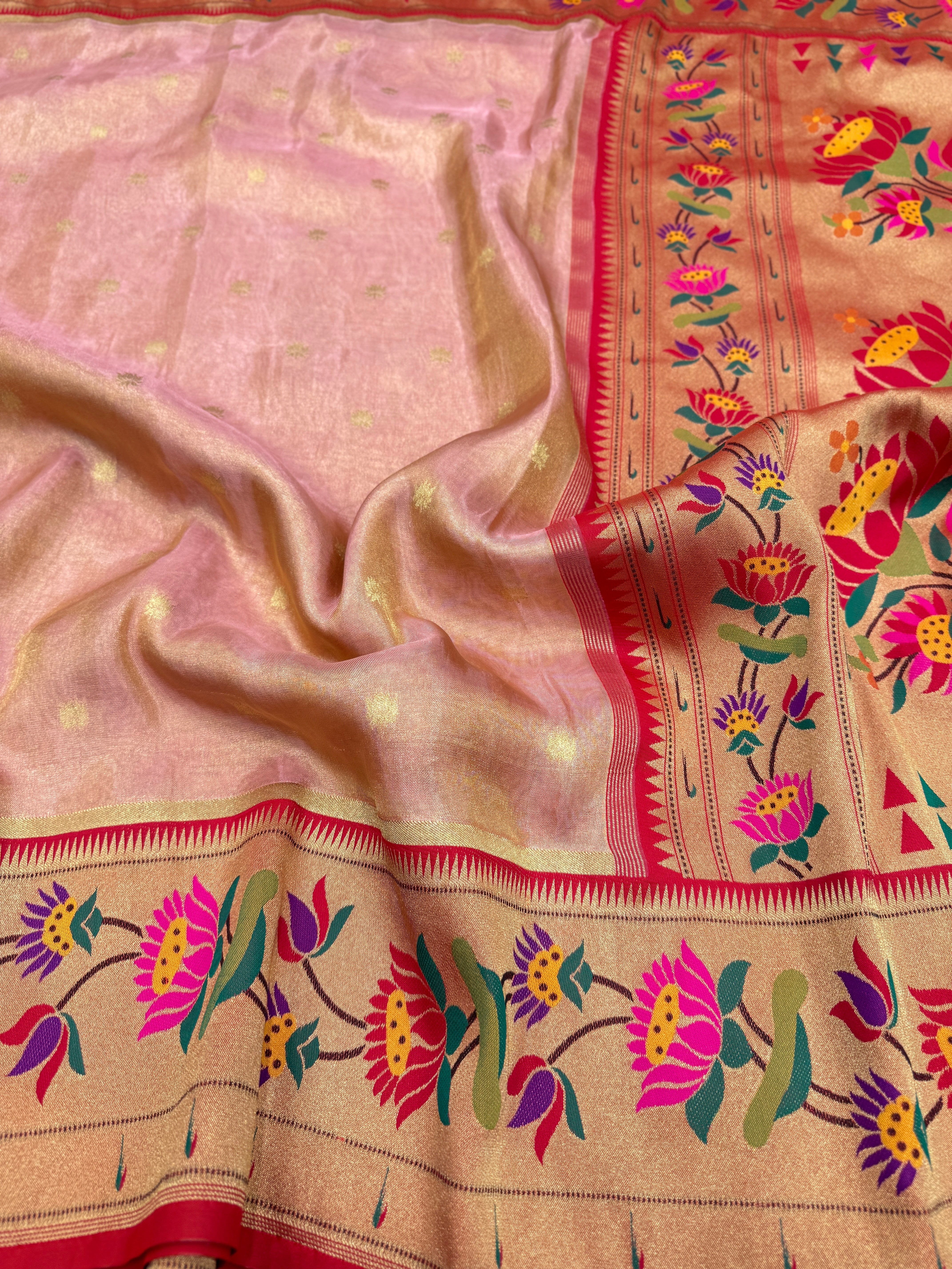 Pink Tissue Paithani Lotus Border Saree