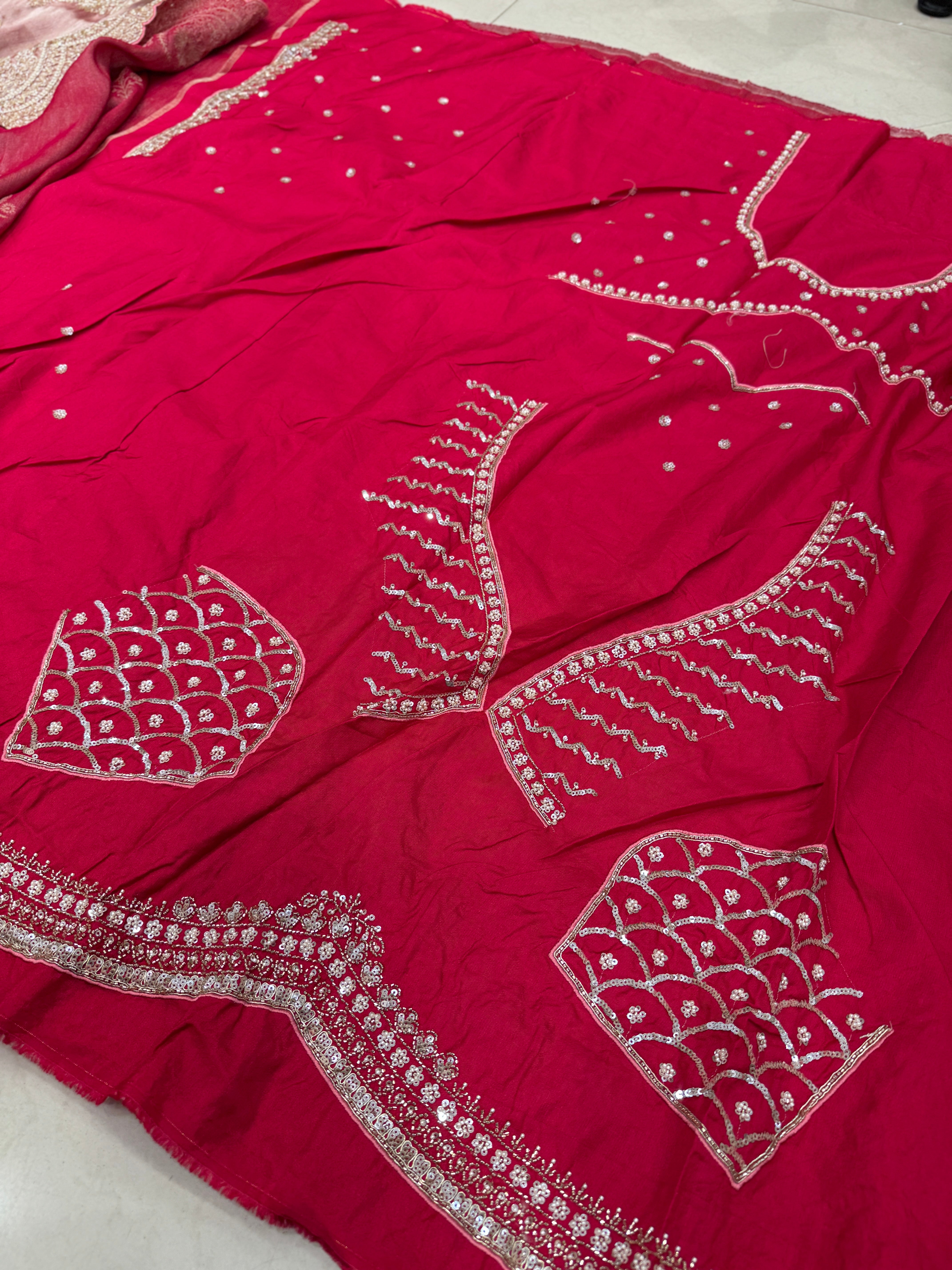 Red Shikara Munga Tissue Embroidery Saree