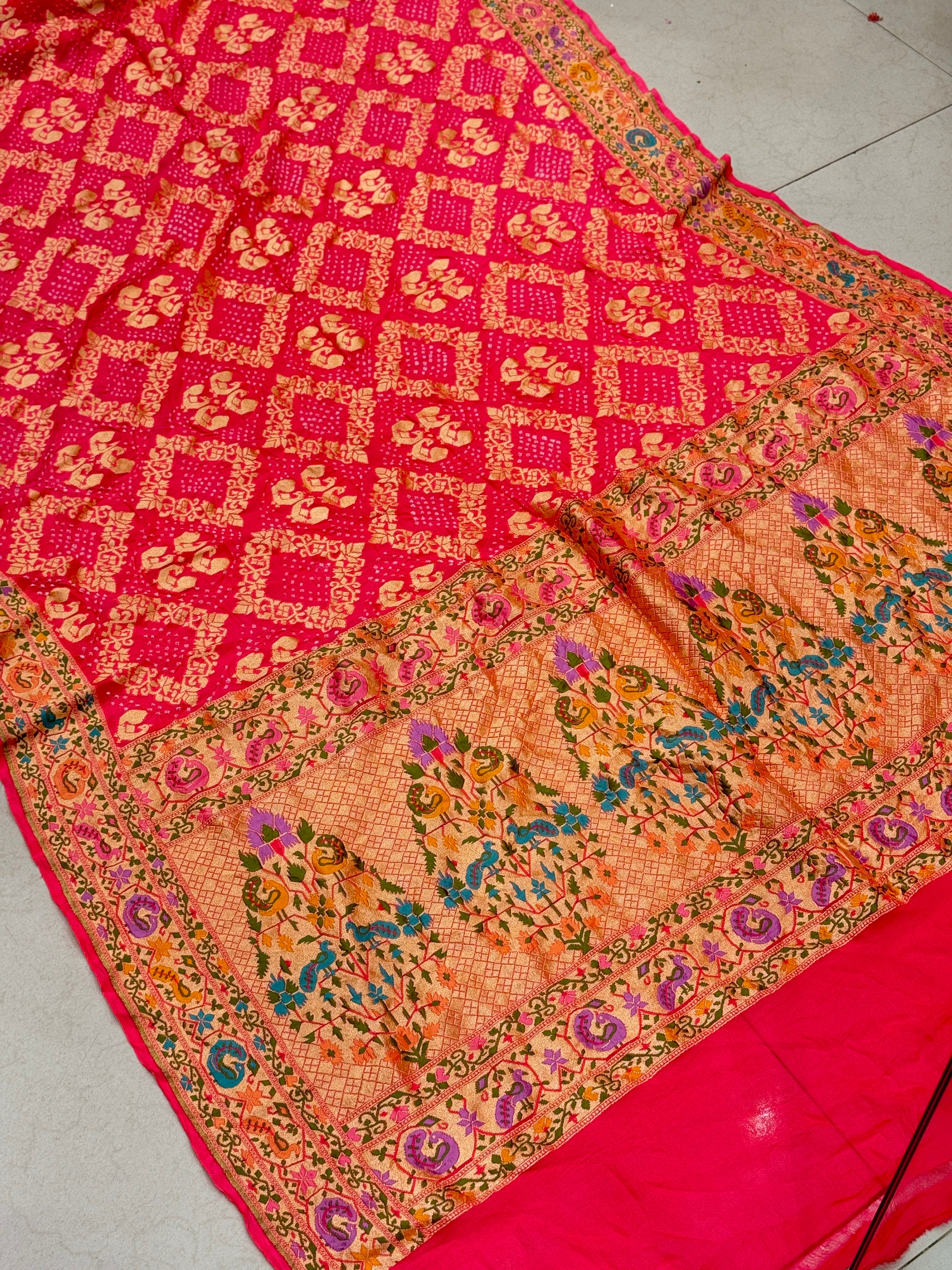 Peach Meenakari Rai Peacock Parrot Theme Bandhej Saree