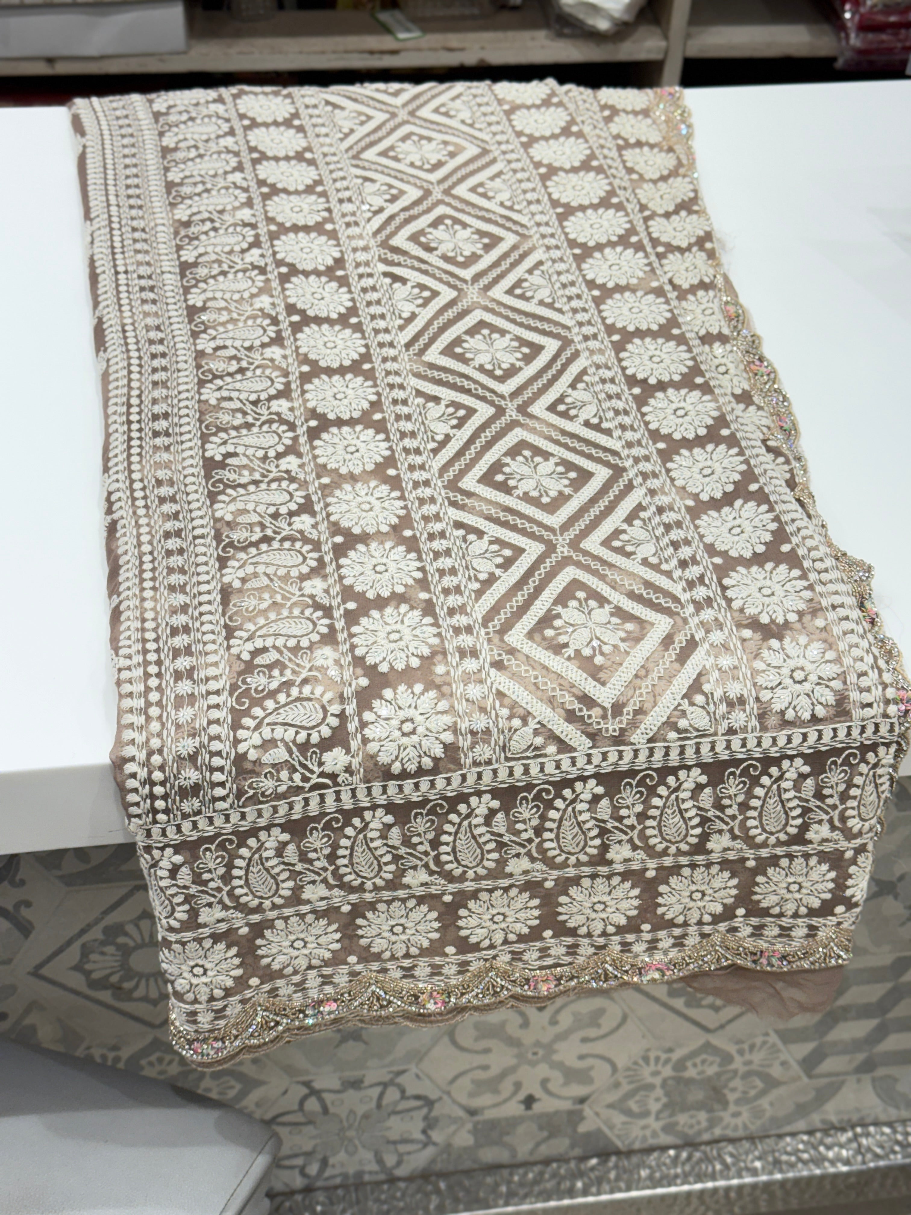 Mauve Pink Butta Chikankari on Georgette with Cutdana Hand Embroidery