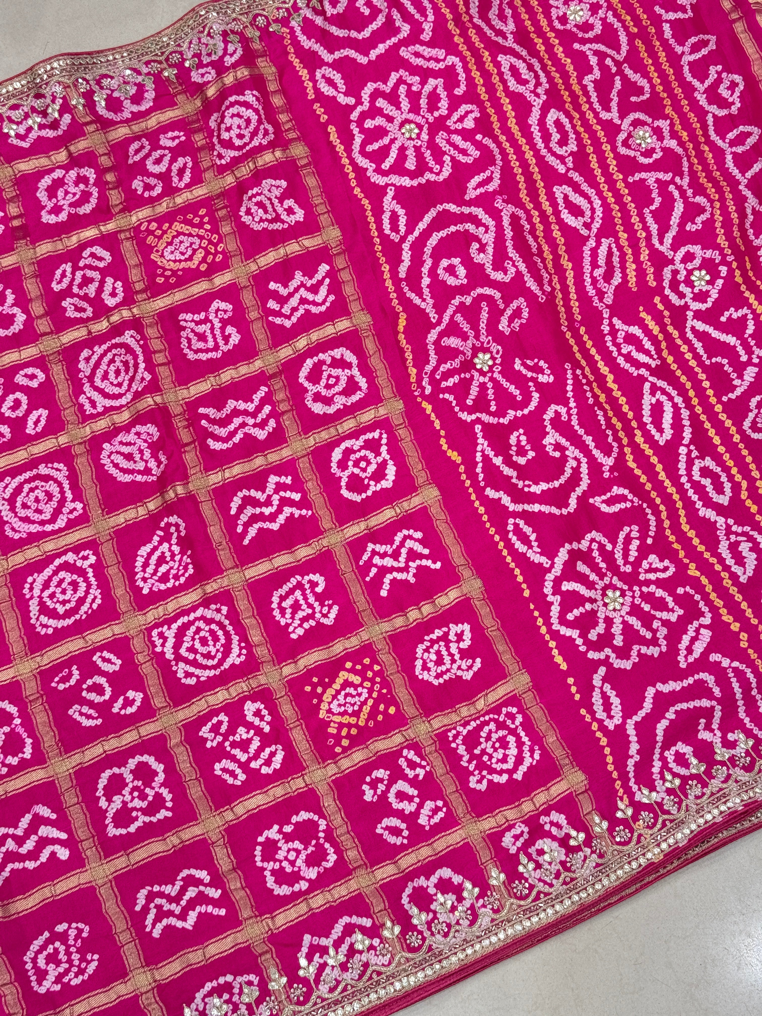 Rani Pink Bandhej Gharchola Gajji Silk Hand Done Gotapatti Saree