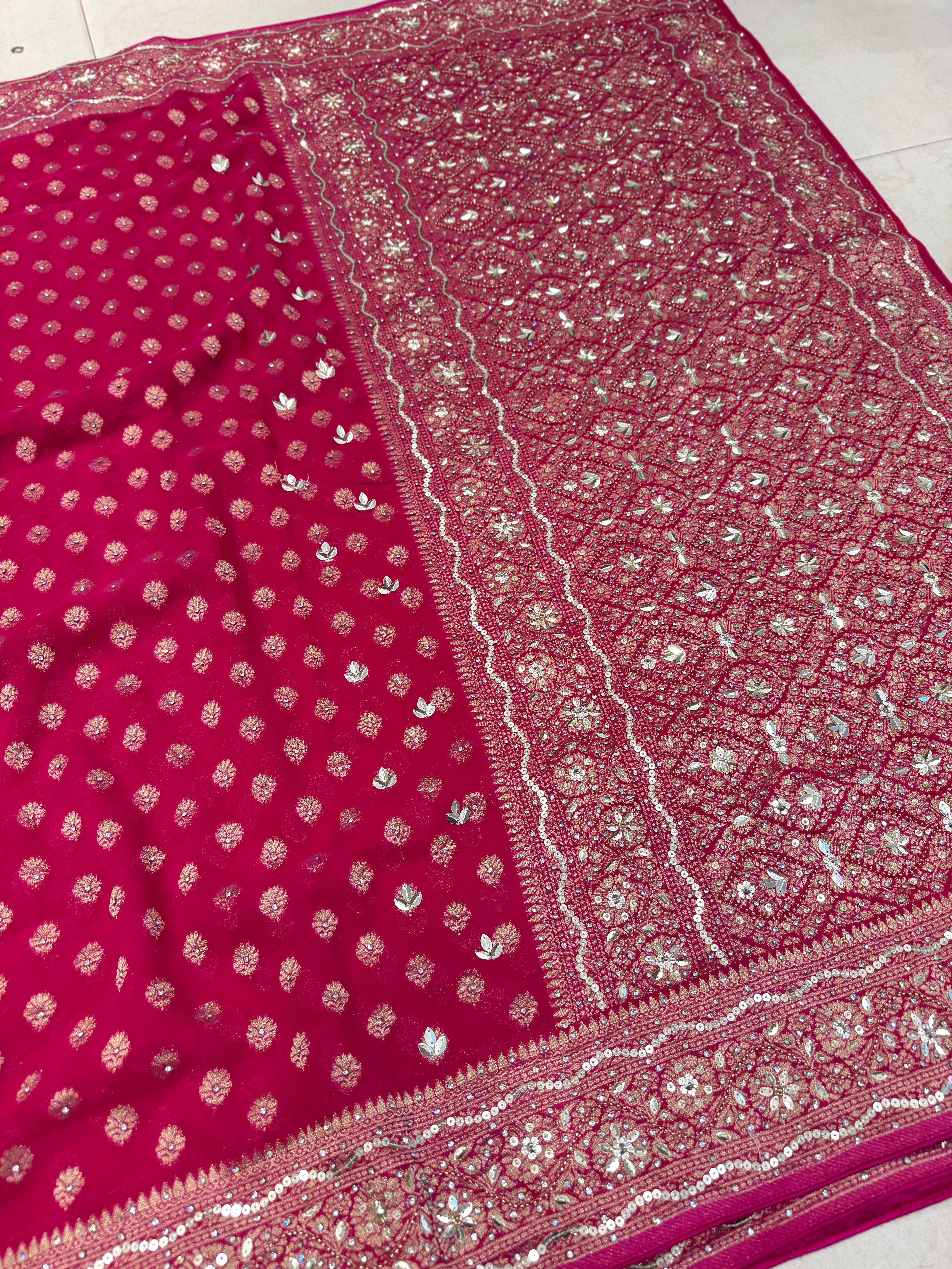 Rani Banarasi Khaddi Georgette Butti Hand Embroidery Sequin Stone Saree