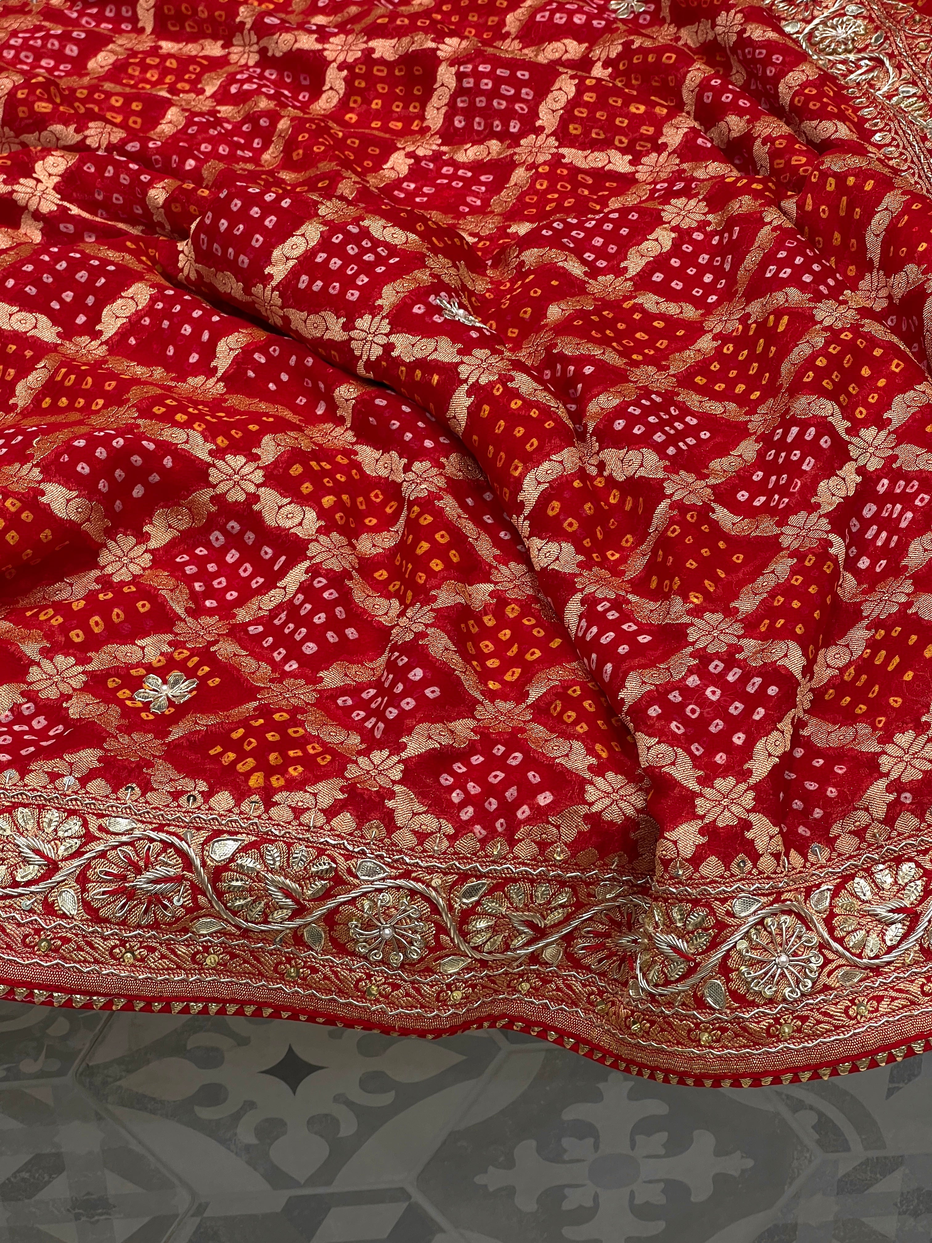 Red Bandhej Resham Zardozi Hand Embroidery Saree