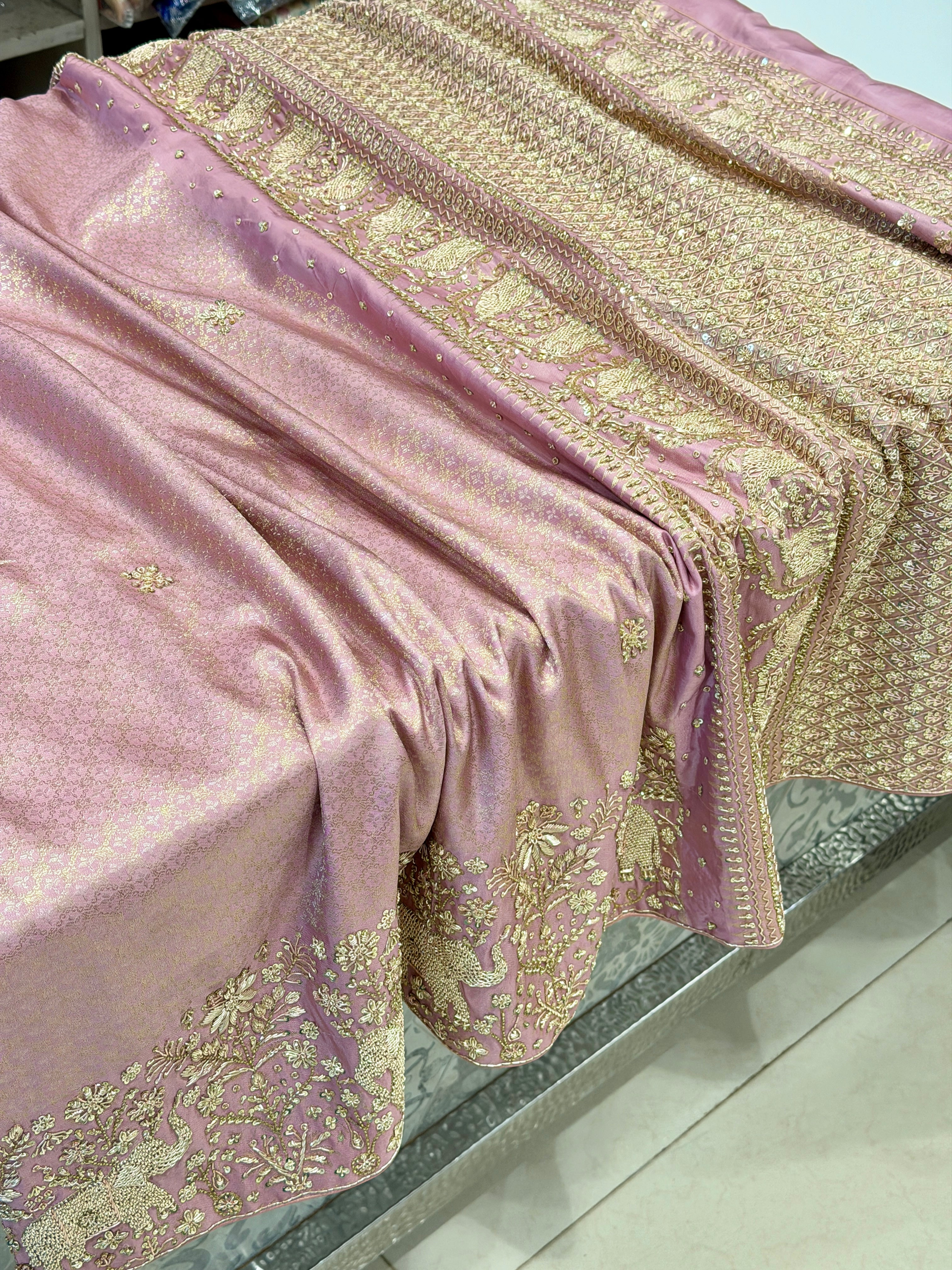 Light Pink Kanjivaram Elephant Motif Zardosi Hand Embroidery Saree