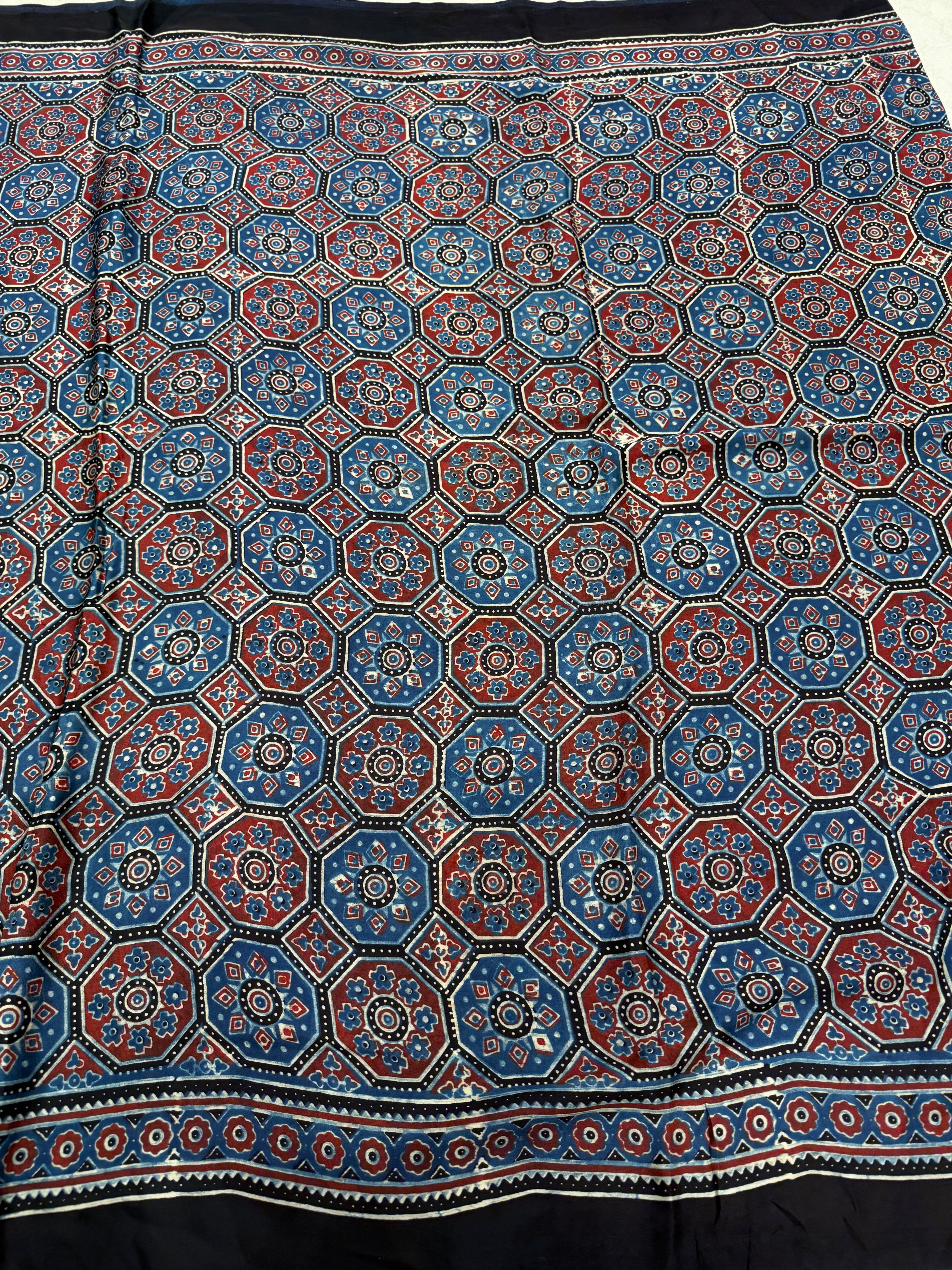 Blue Checkered Jewelled Jaal Ajrakh Saree
