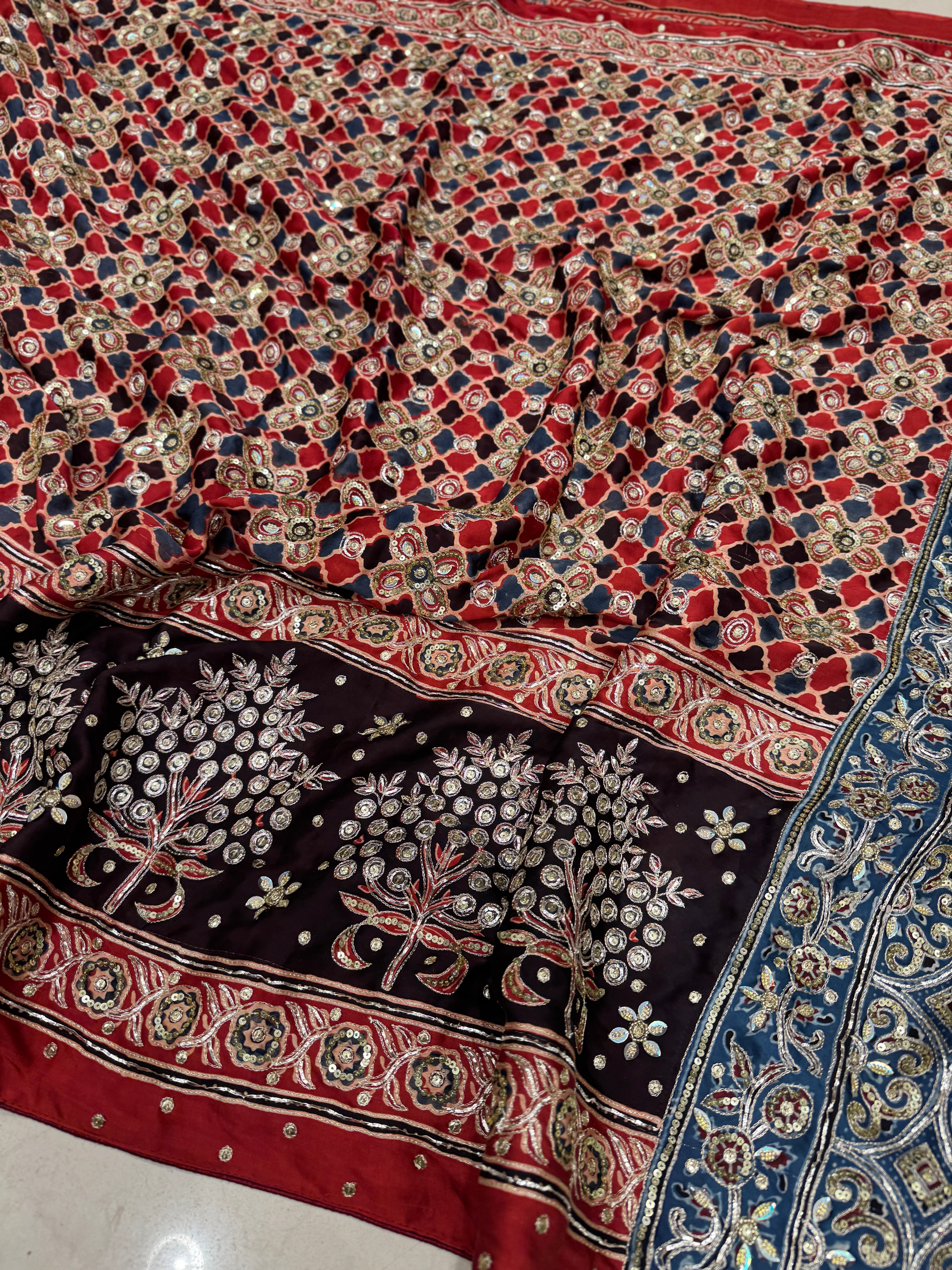 Red Blue Jali Buttas Pita Sequin Ajrakh Hand Embroidery Saree