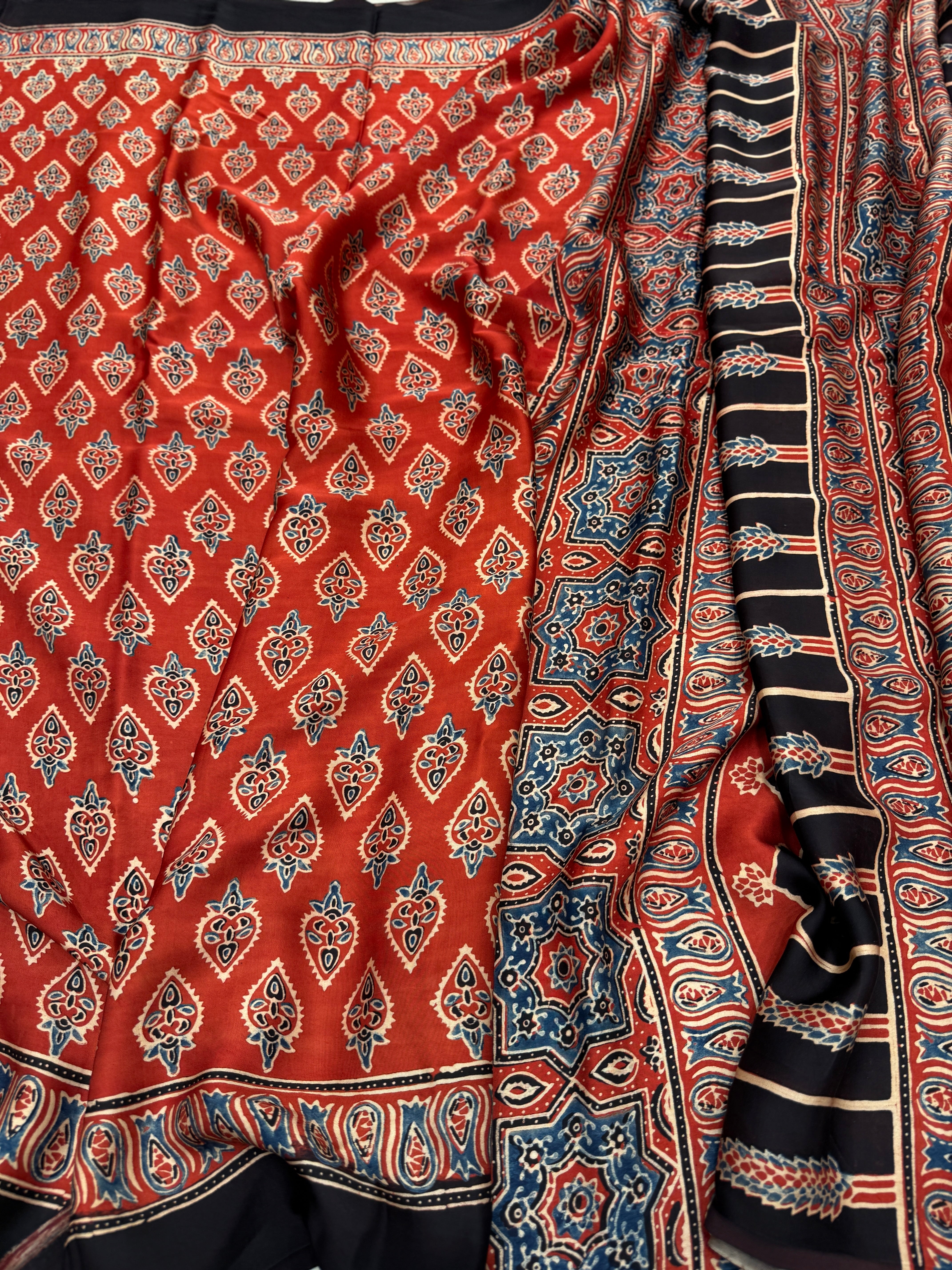 Red Torch Buttis Ajrakh Modal Gajji Silk Saree