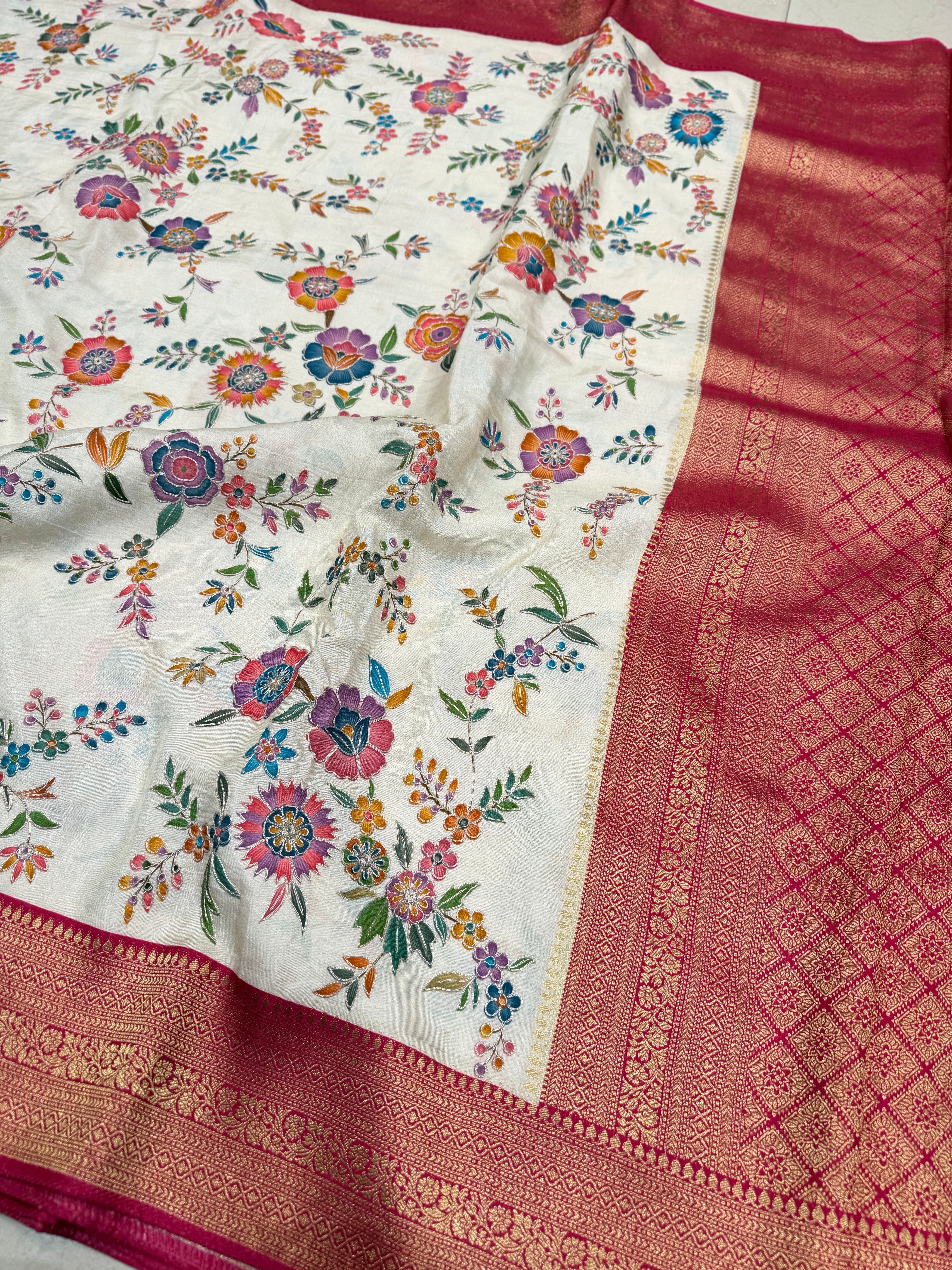 Moti White Banarasi Jaal Munga Silk Saree With Pita Embroidery