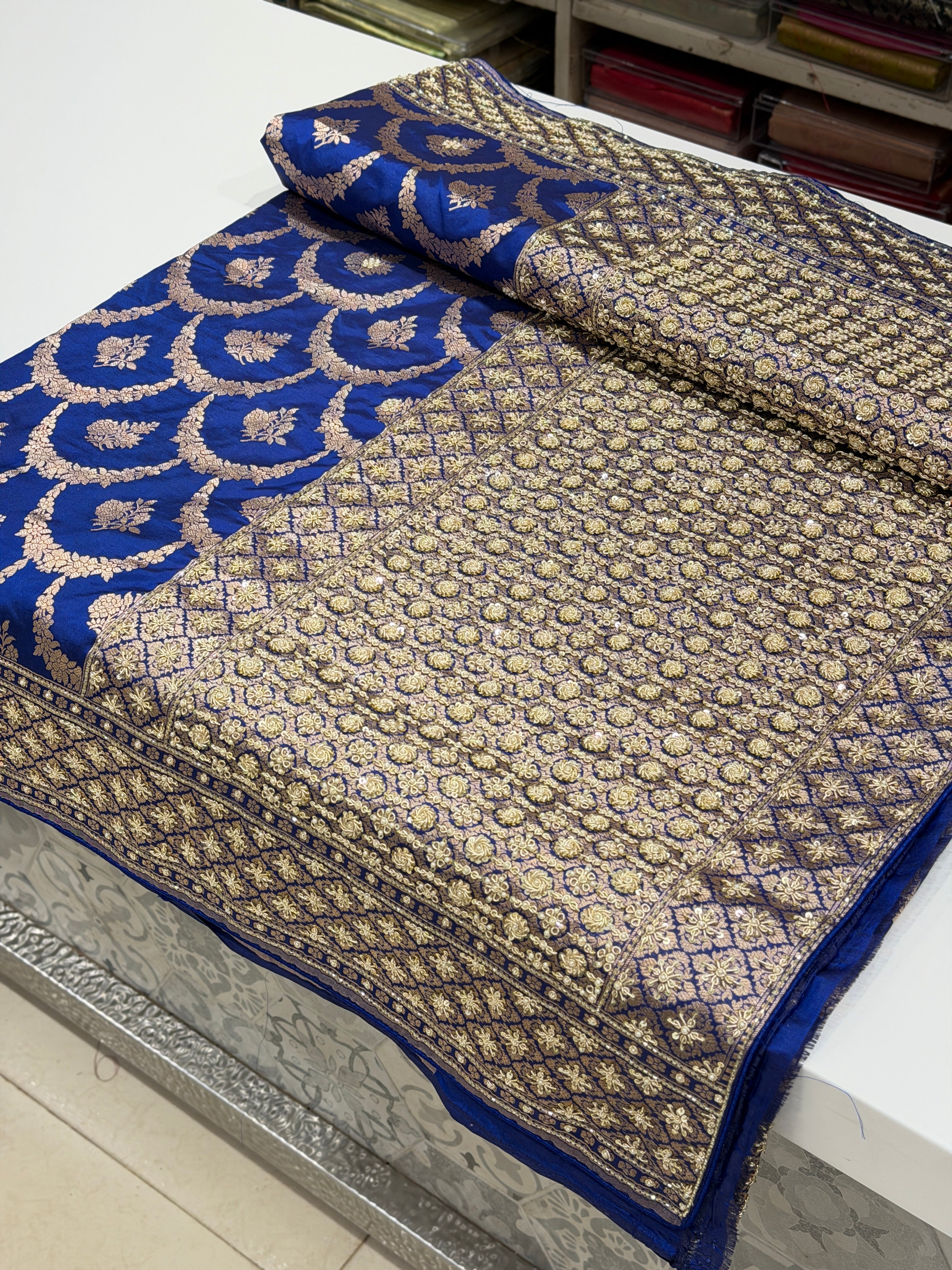 Blue Handloom Banarasi Katan Zardosi Hand Embroidery Saree
