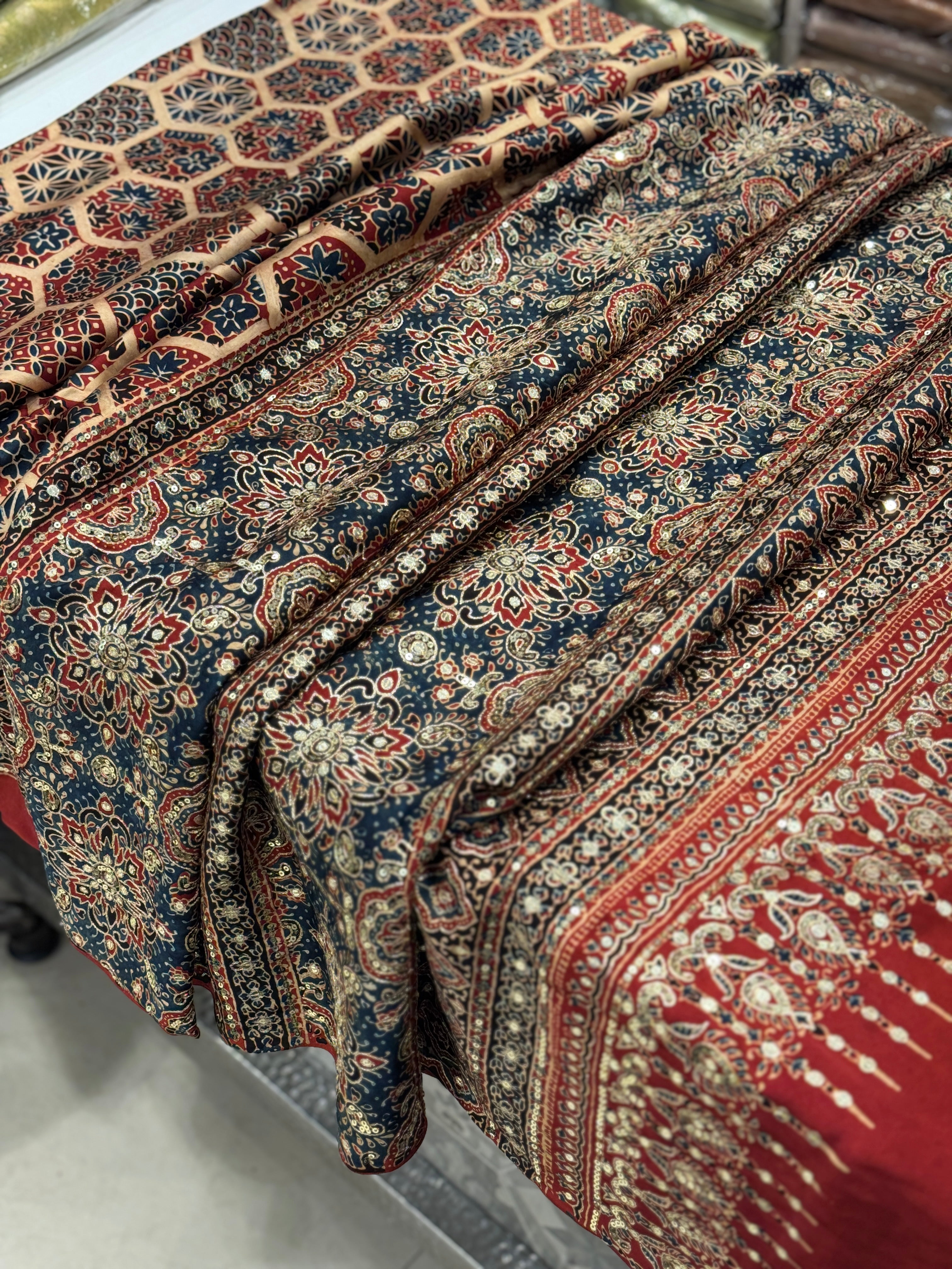 White Red Abstract Jaal Pita Sequin Ajrakh Hand Embroidery Saree