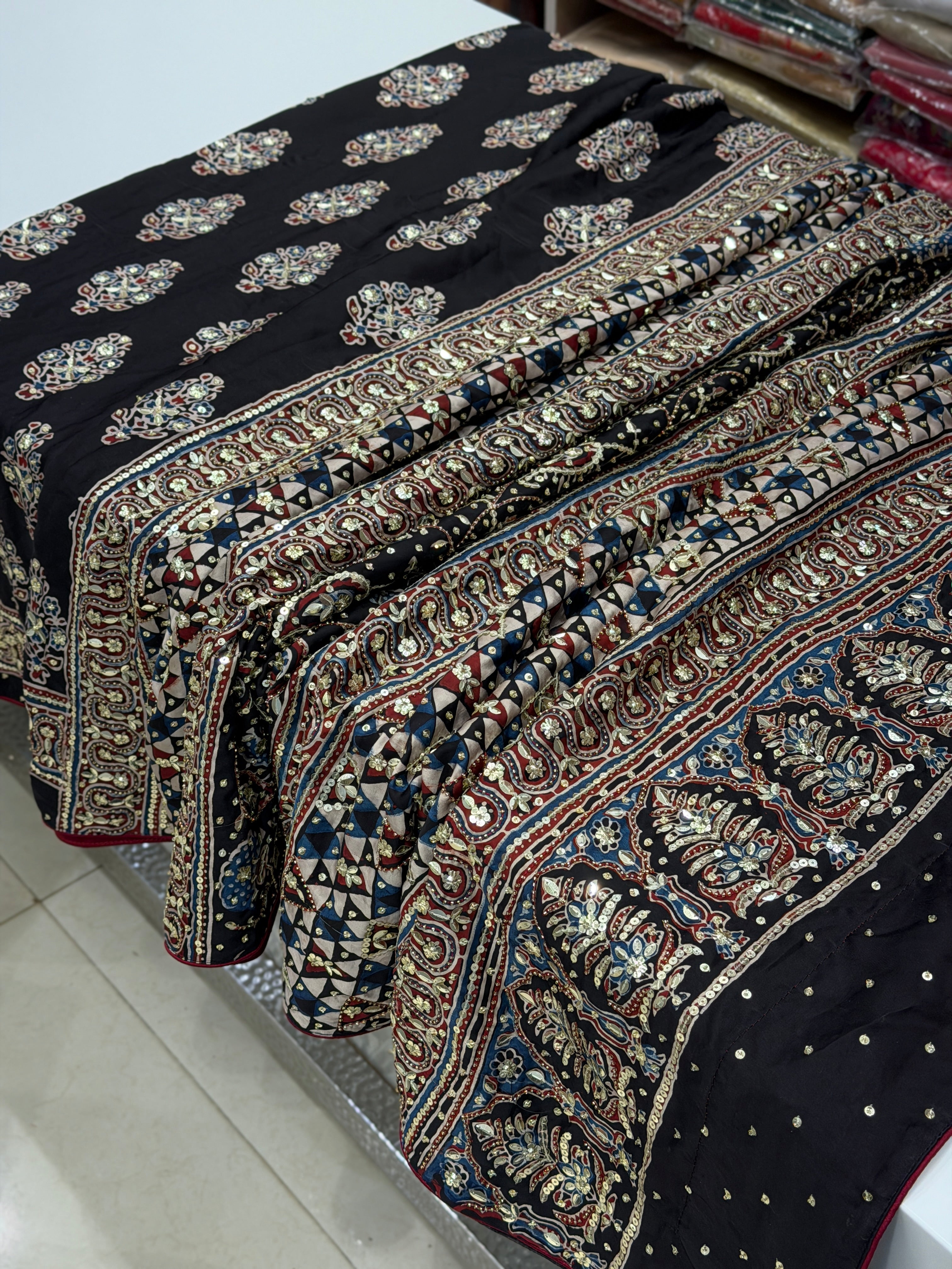 Black Buttas Ajrakh Sequin Moti Hand Embroidery Saree