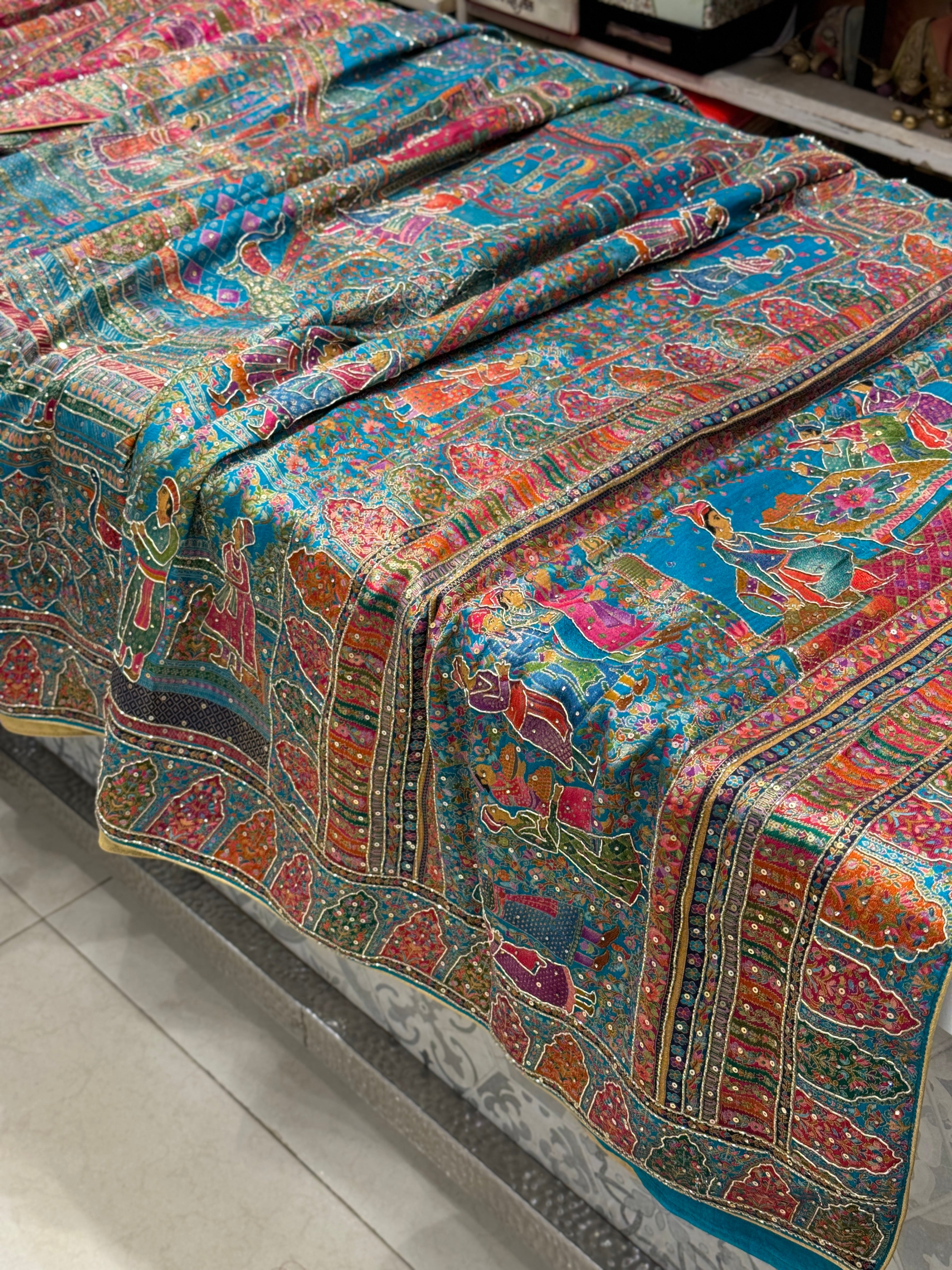 Firozi Blue Darbar Pashmina Style Weave with Hand Embroidery