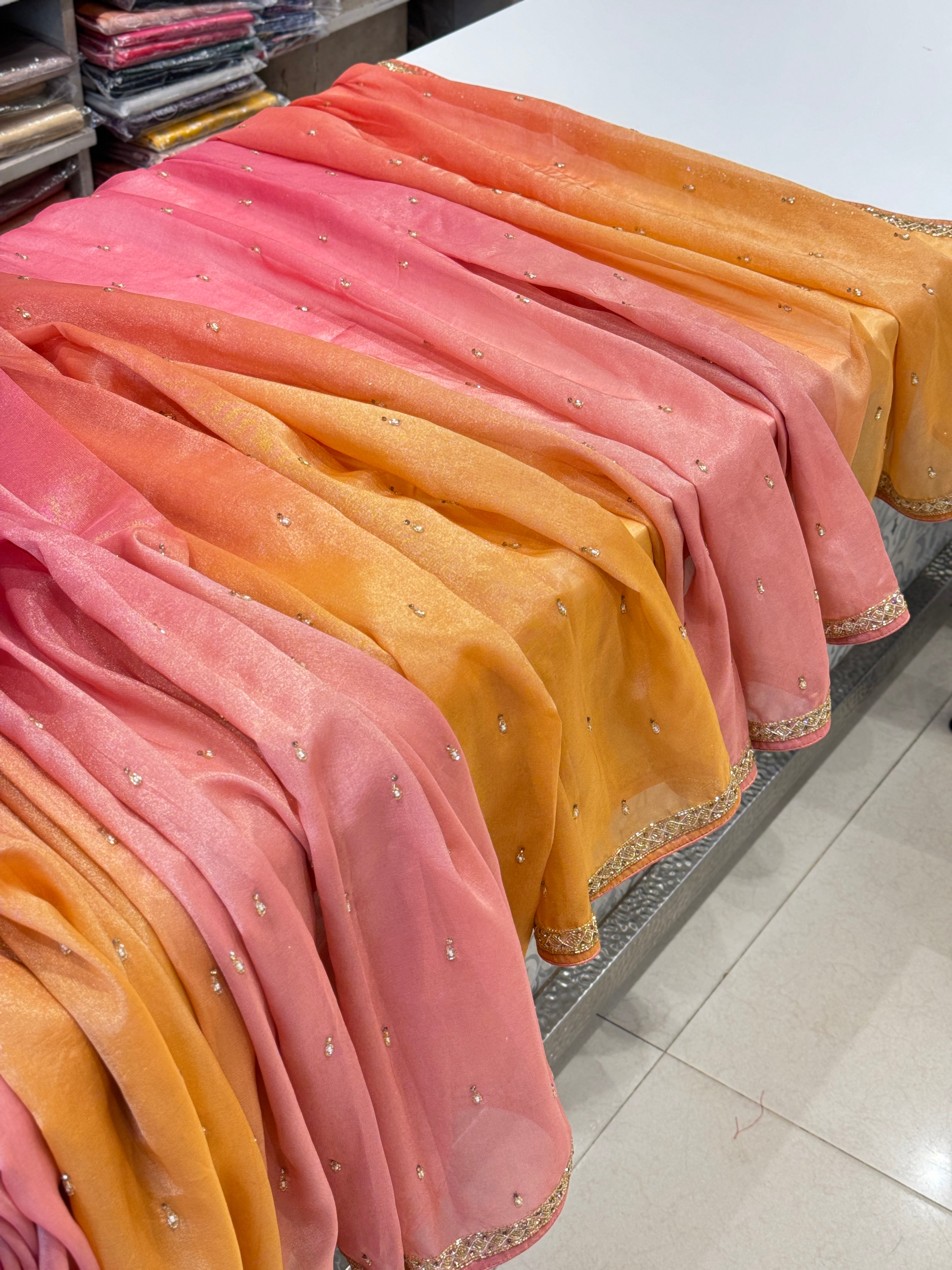 Shaded Tissue Crepe Butti Hand Embroidery Saree