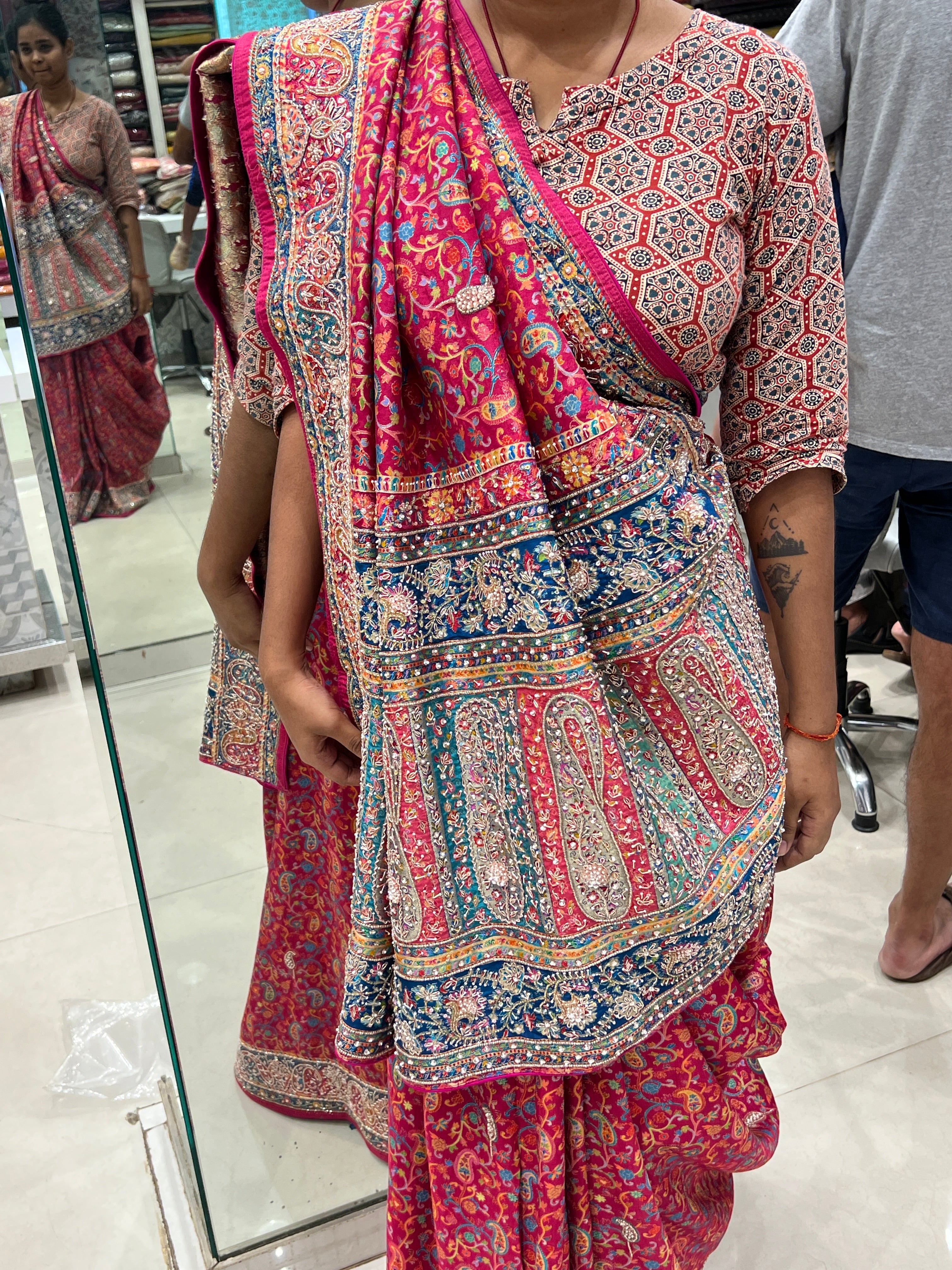 Rani Pashmina Style Silk Hand Embroidery Saree