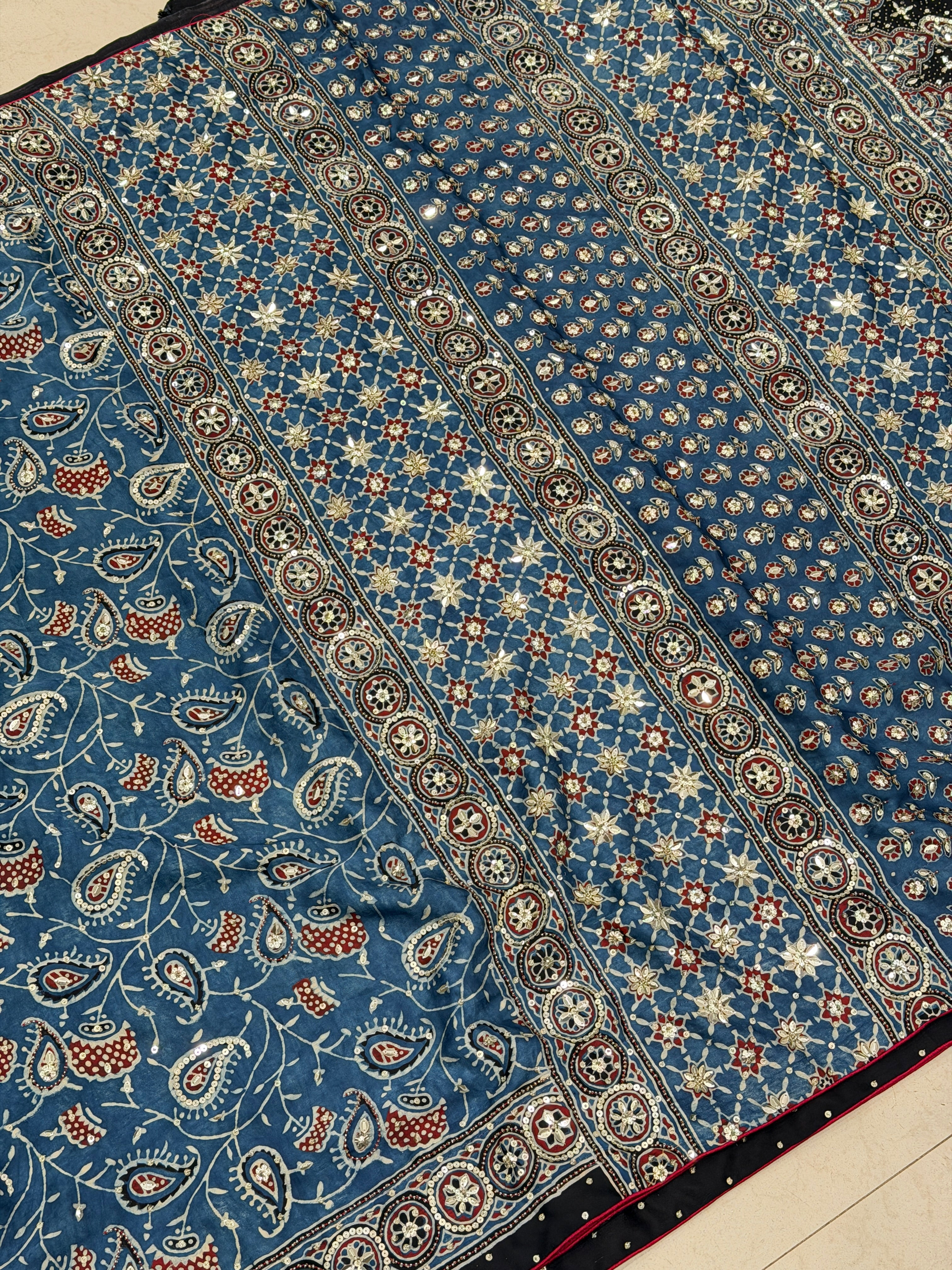 Blue Jaal Ajrakh Sequin Moti Hand Embroidery Saree