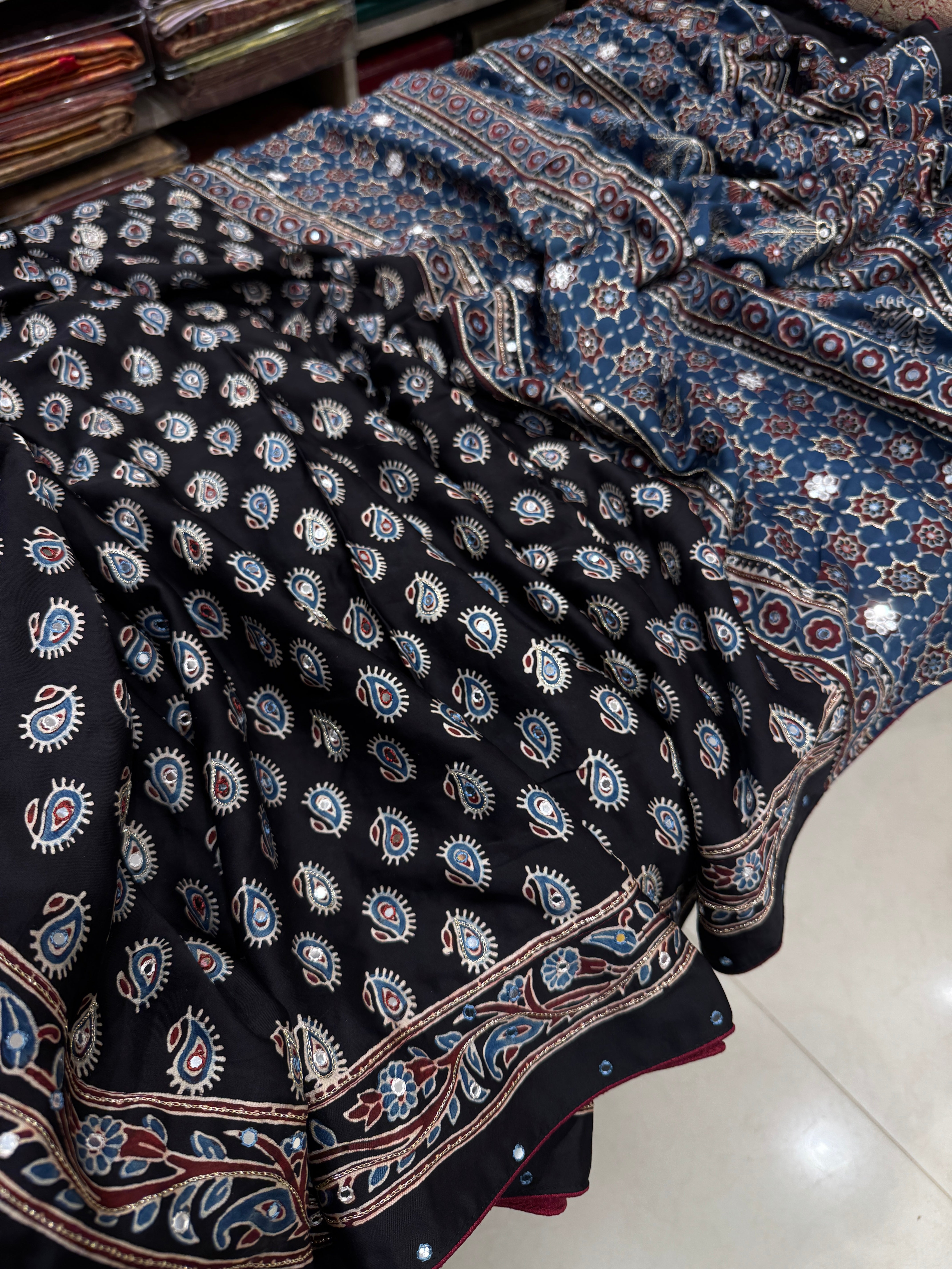 Black Buttis Ajrakh Mirror Hand Embroidery Saree