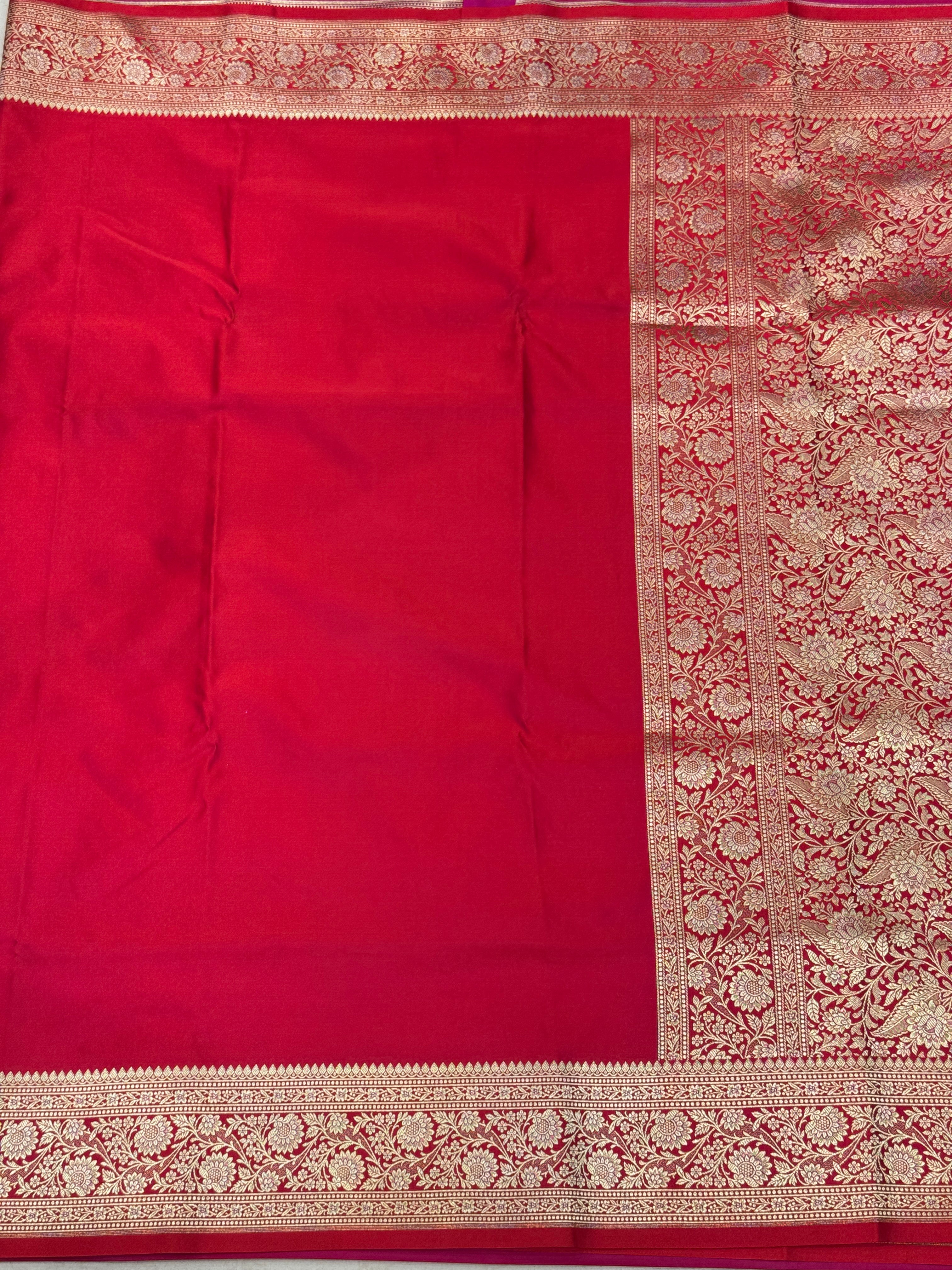 Red Banarasi Silk Plain Upside Down Border Saree
