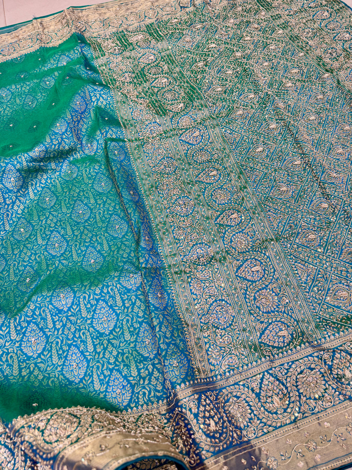 Rama Green Pure Silk Kanjivaram Zardosi Hand Embroidery Saree