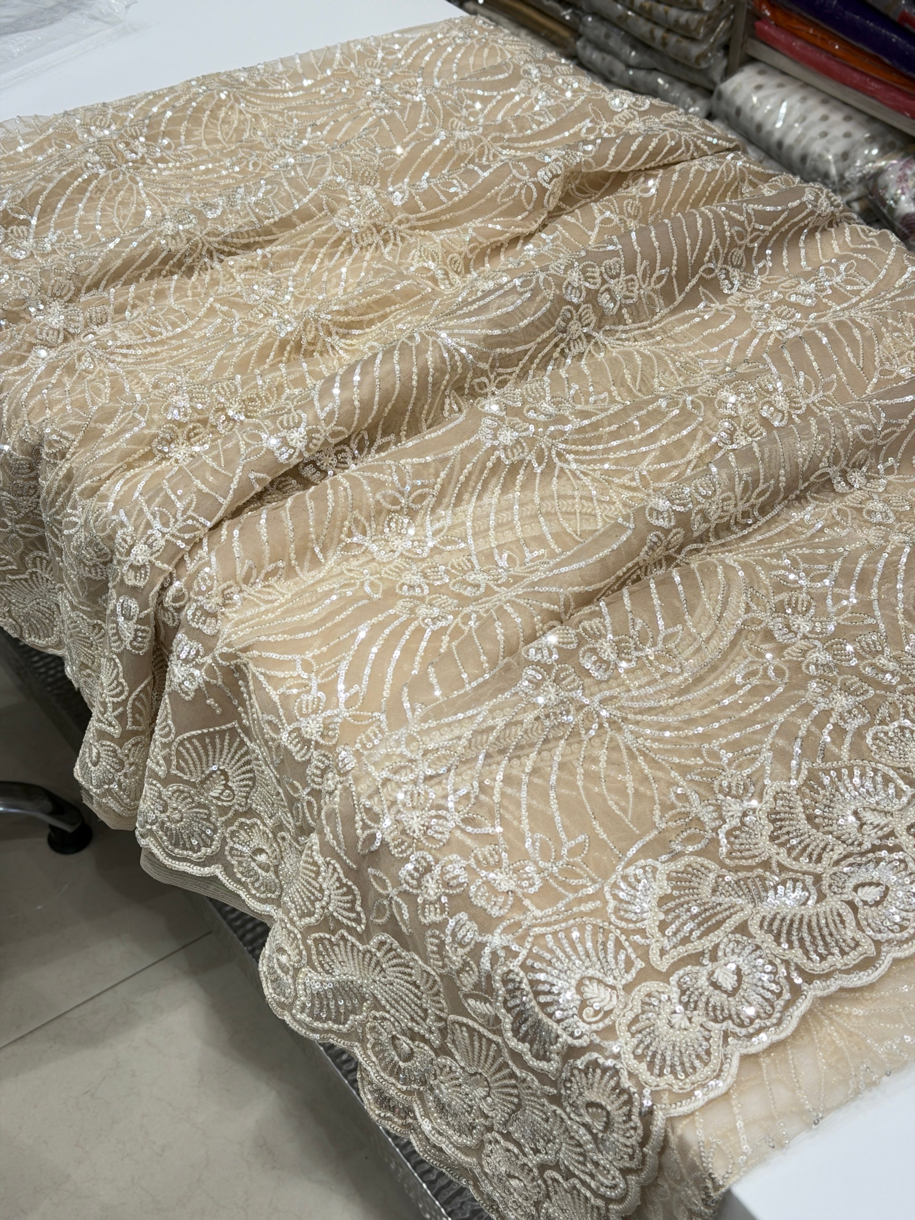 Golden Net Resham Moti Embroidery Soft Saree