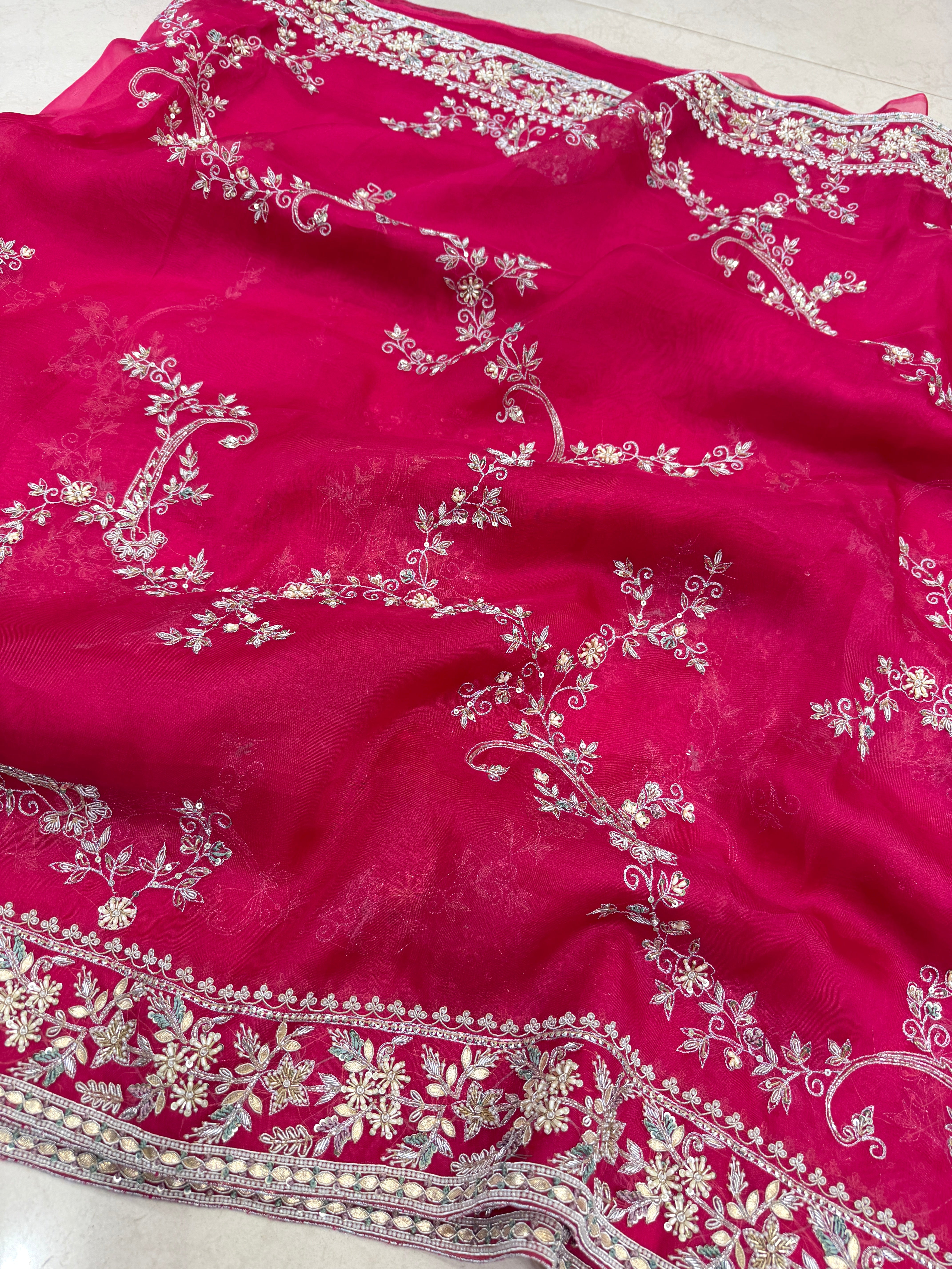Rani Pink Organza Zardosi Gota Resham Hand Embroidery Saree