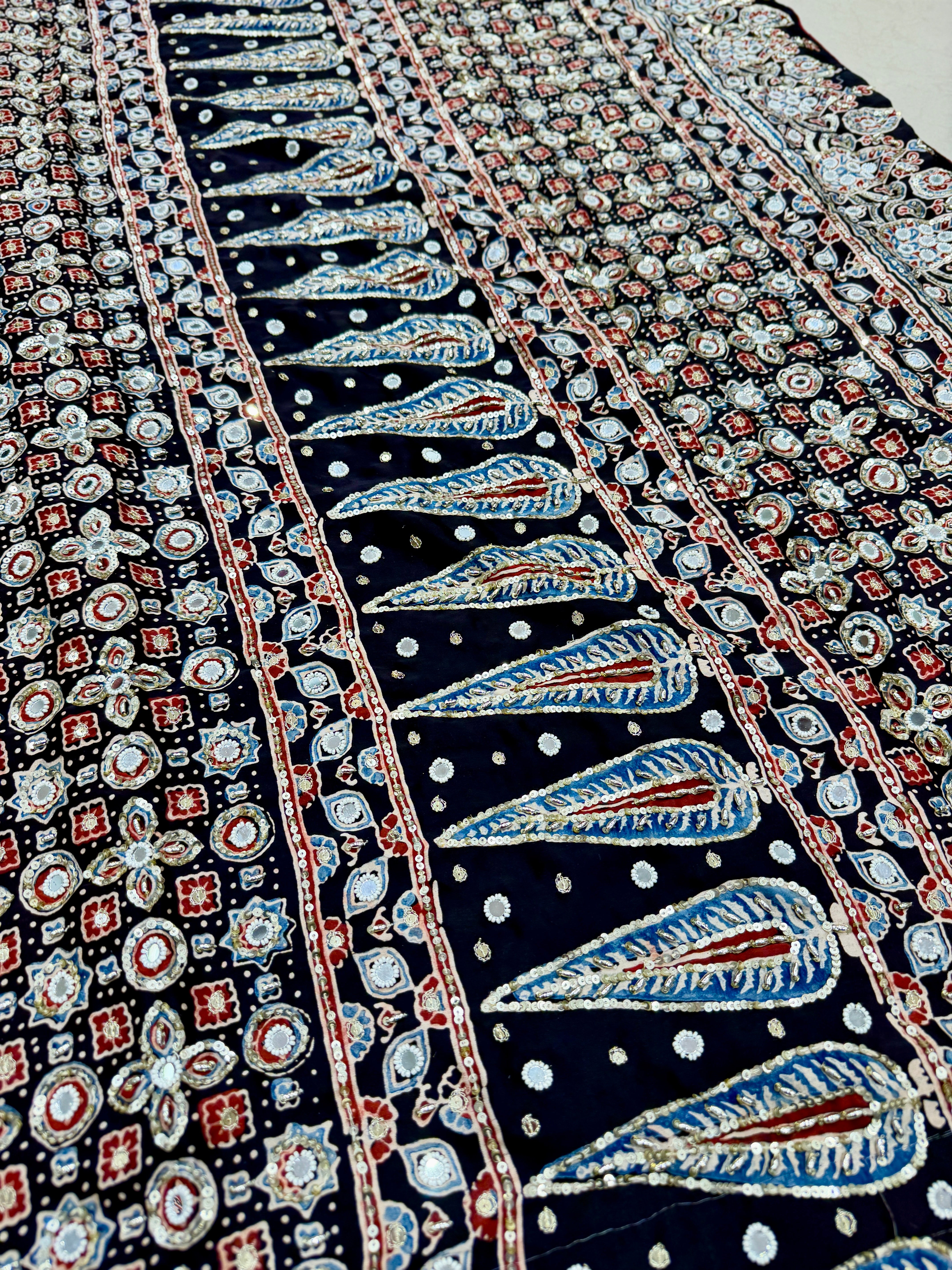Red Black Badam Jaal Ajrakh Real Mirror Moti Sequin Hand Embroidery Saree