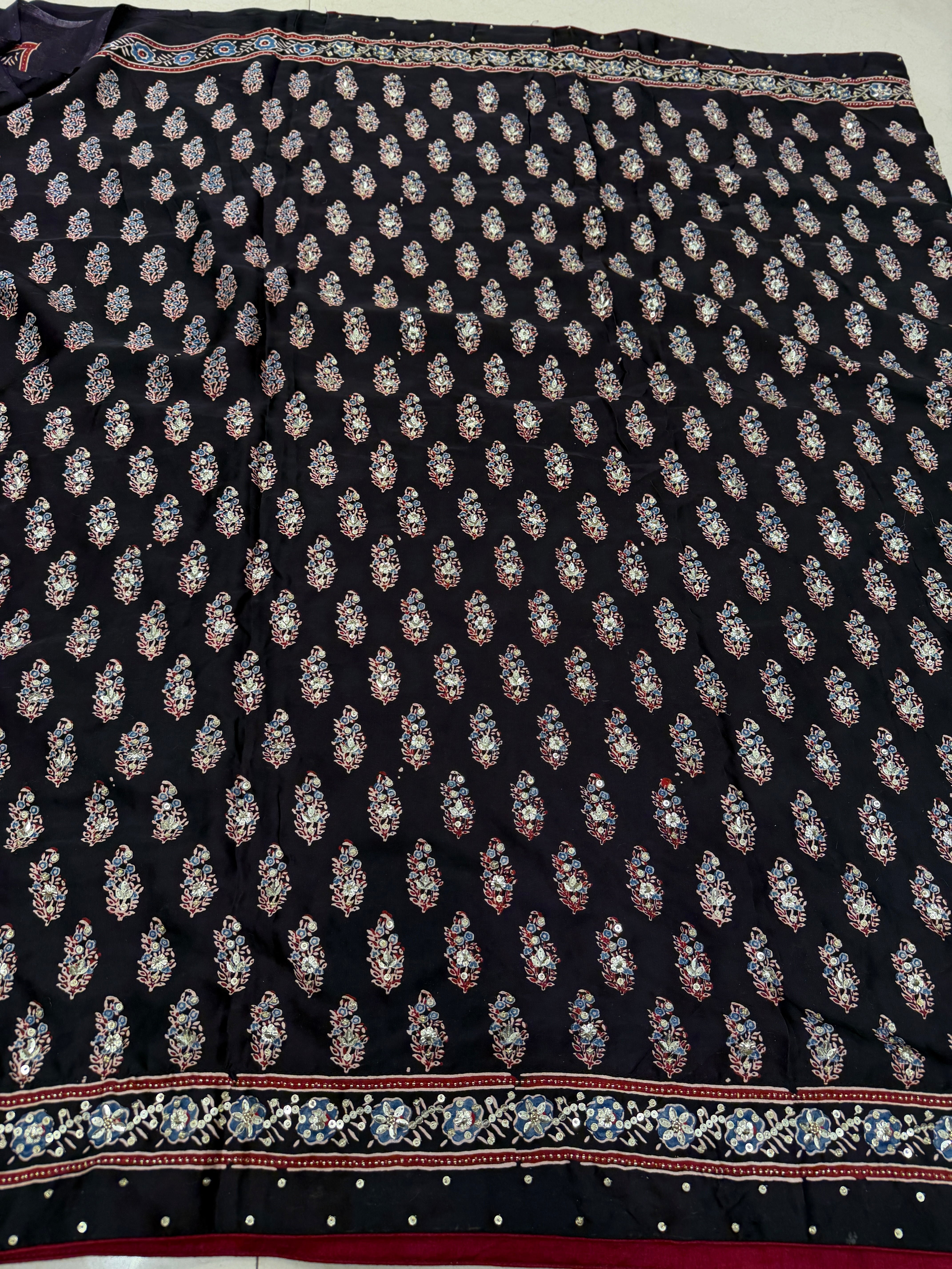 Black Blue Butti Ajrakh Sequin Moti Hand Embroidery Saree