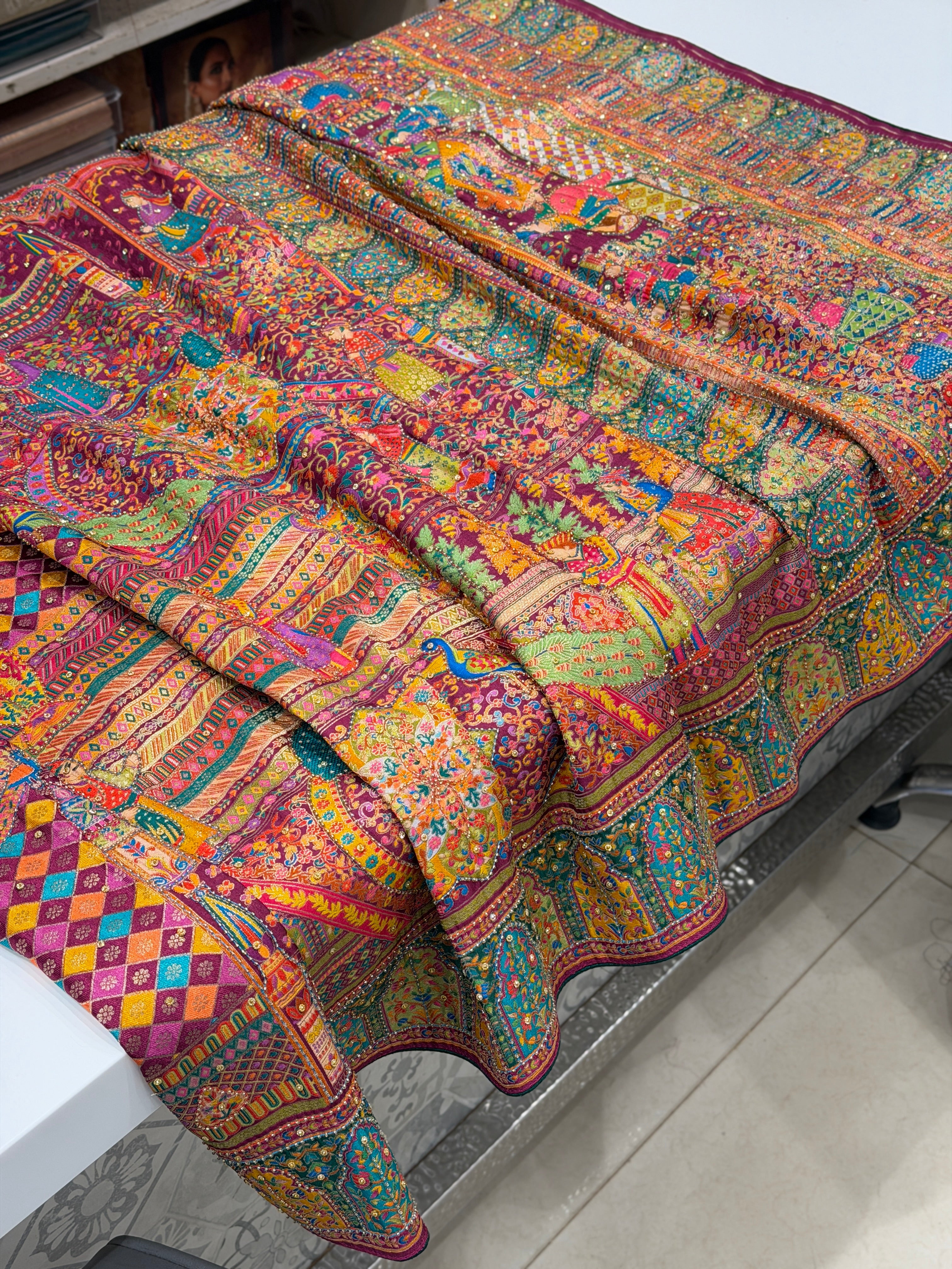 Wine Pashmina Inspired Darbar Weaved Munga Hand Embroidery Saree