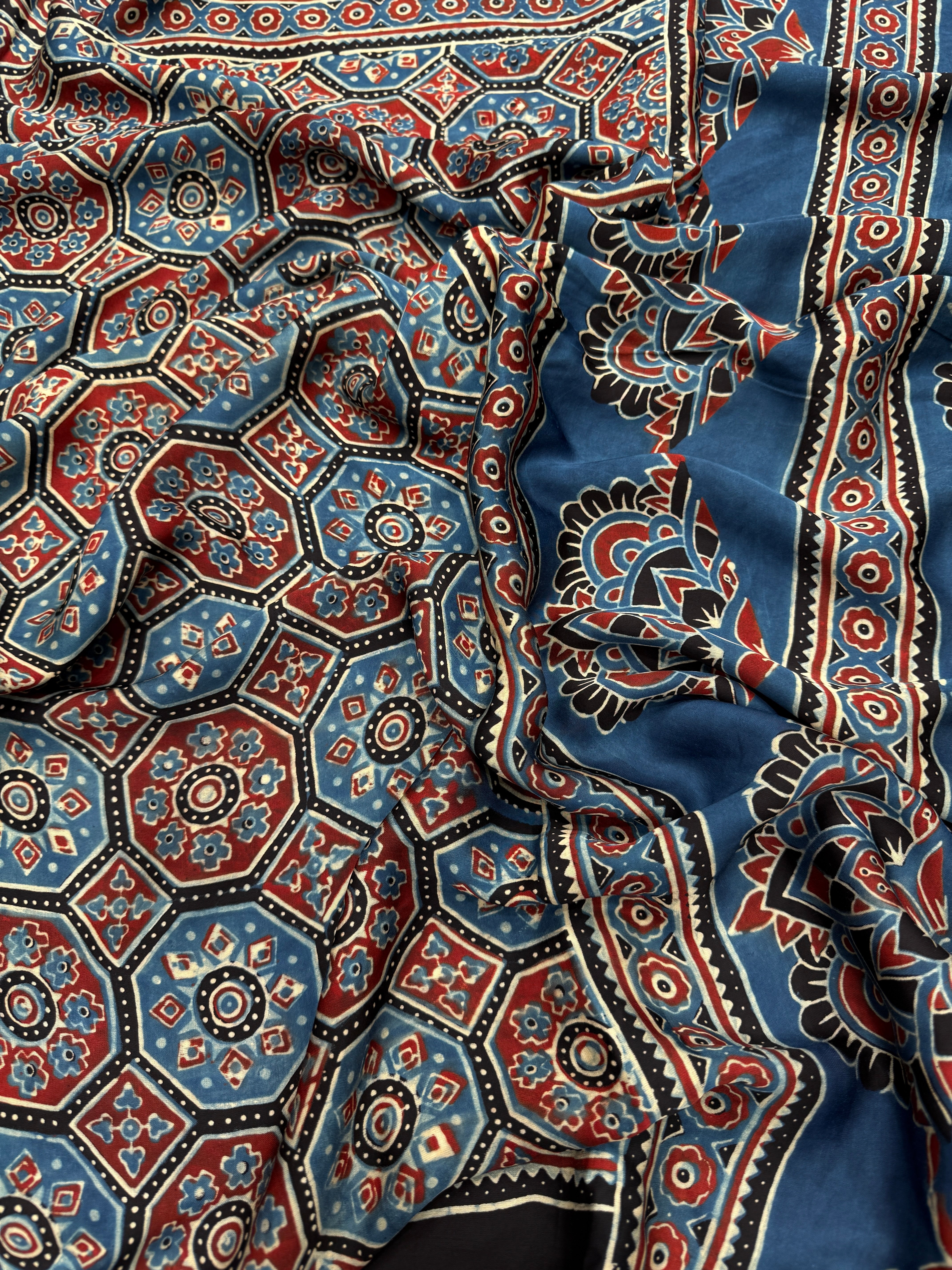 Blue Checkered Jewelled Jaal Ajrakh Saree