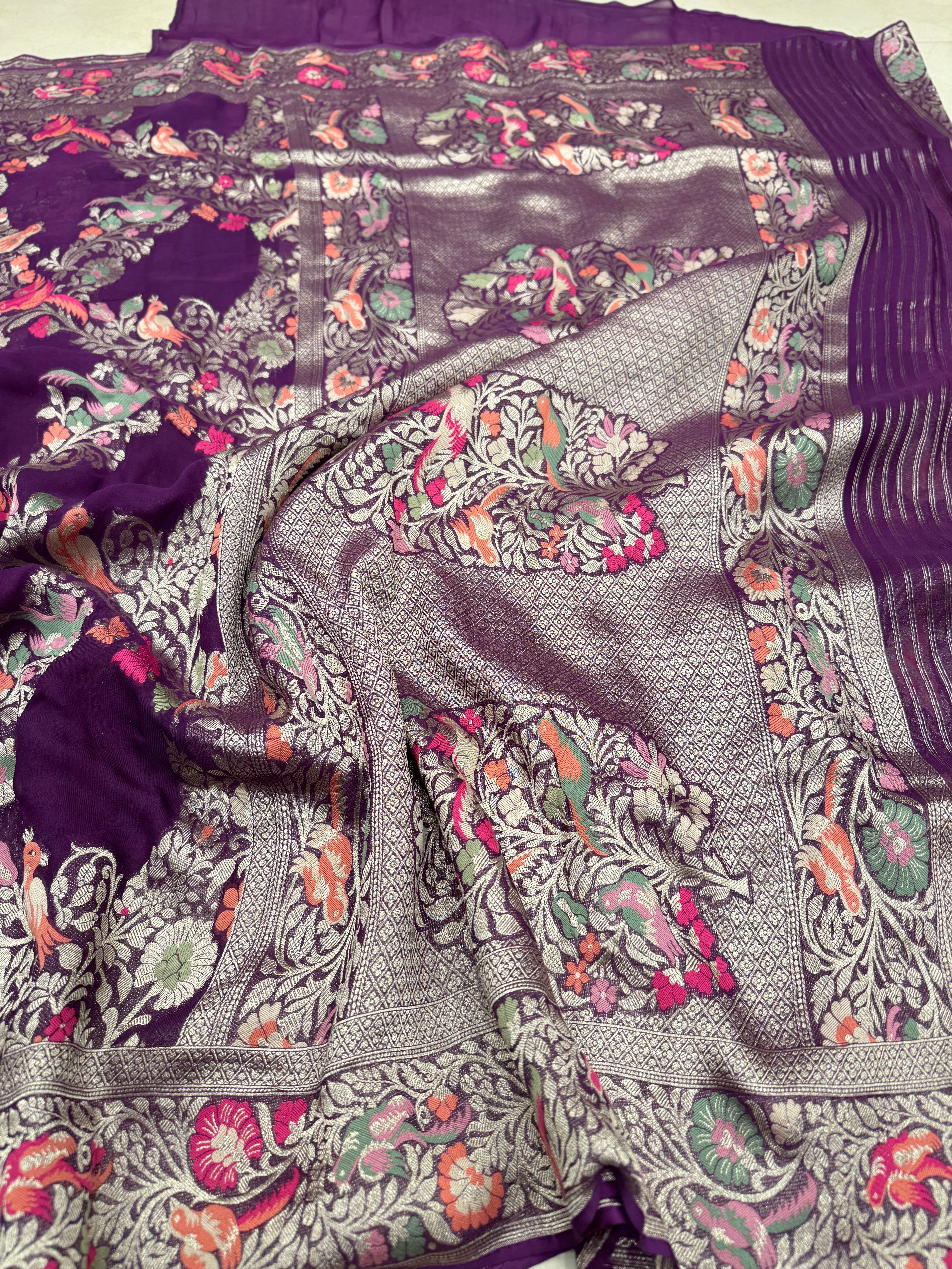 Purple Georgette Criss Cross Birds Theme Saree