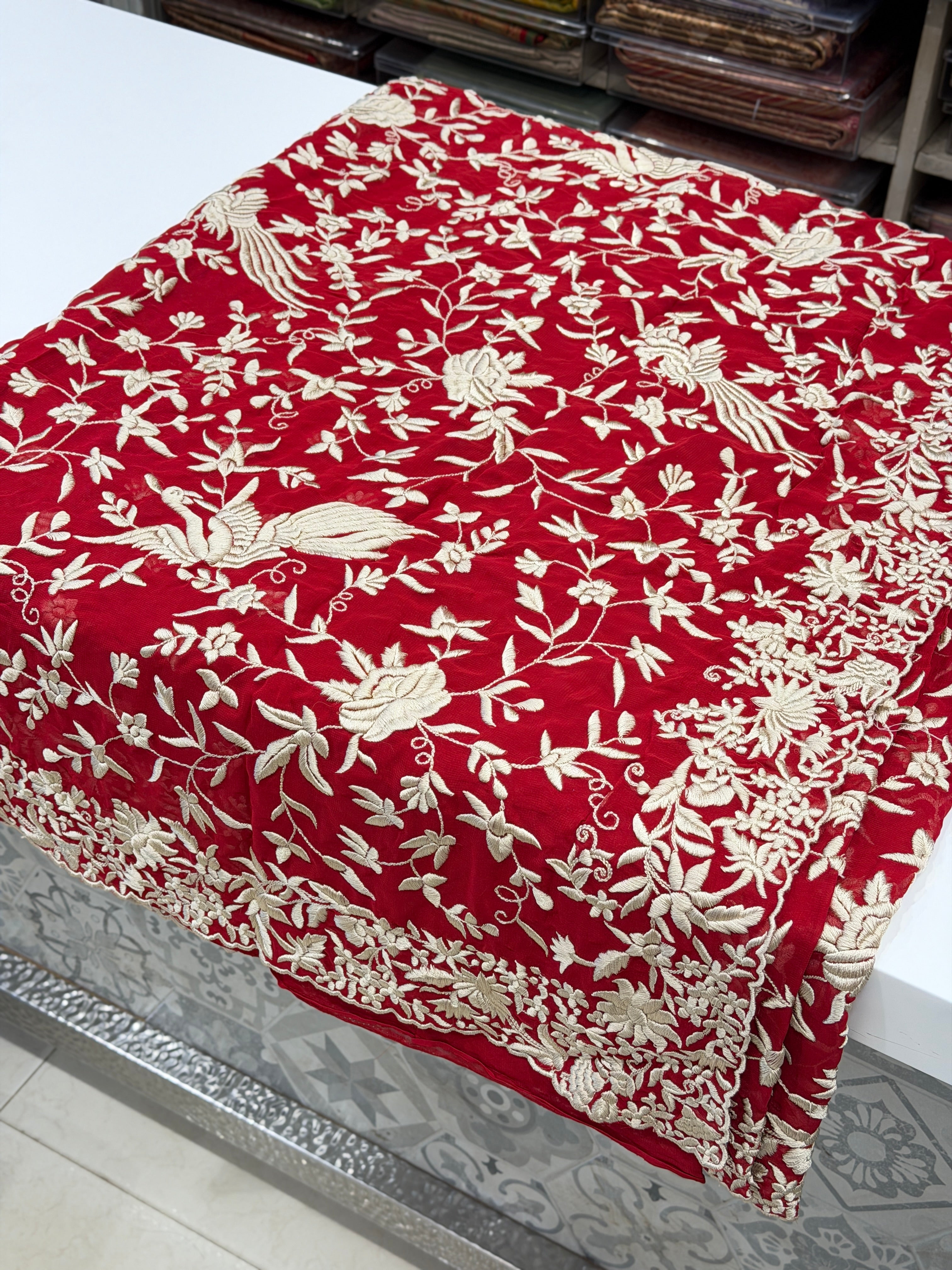 Red Georgette Floral Jaal Flamingo Resham Embroidery Saree