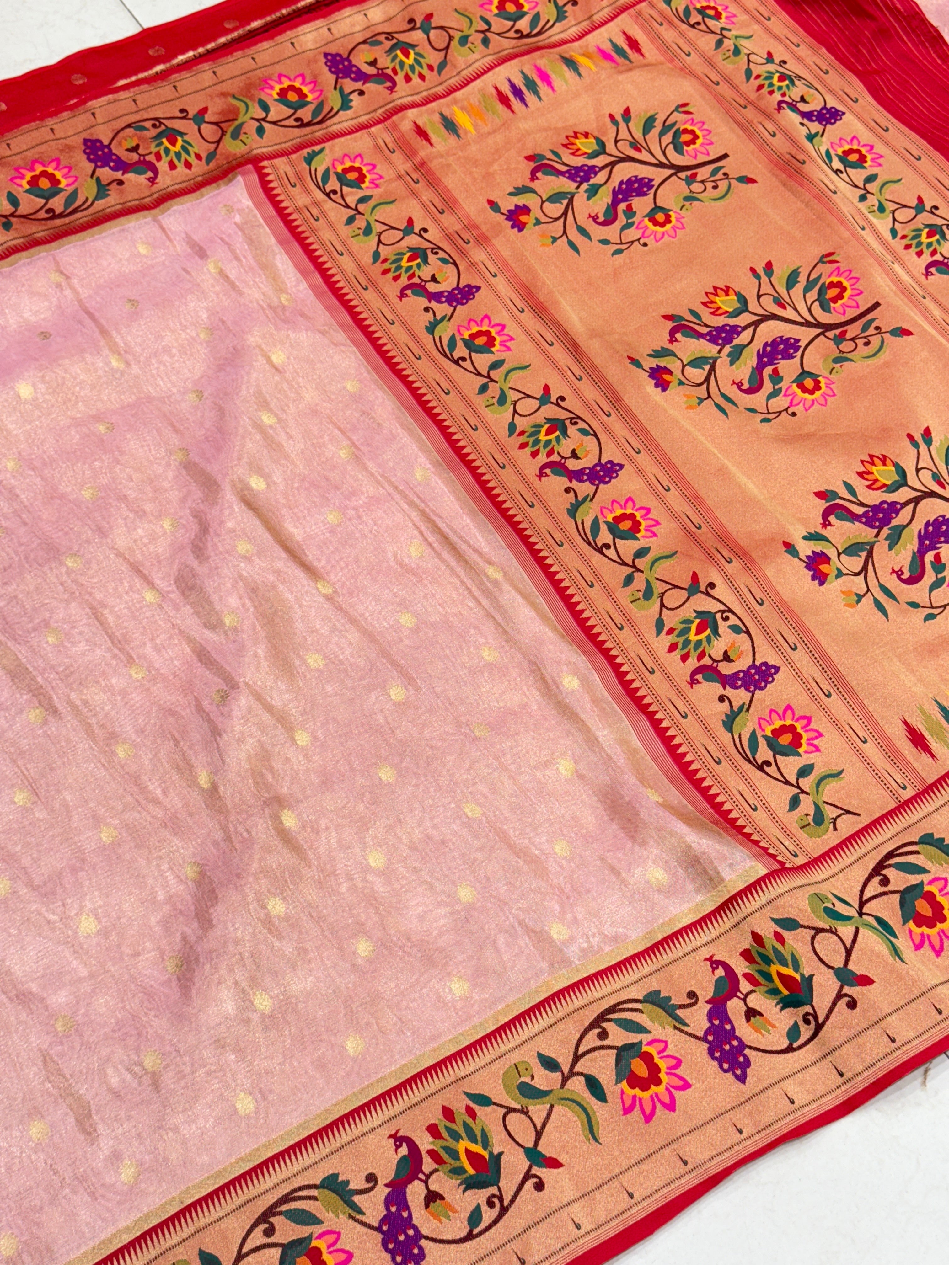 Pink Tissue Paithani Peacock Border Saree