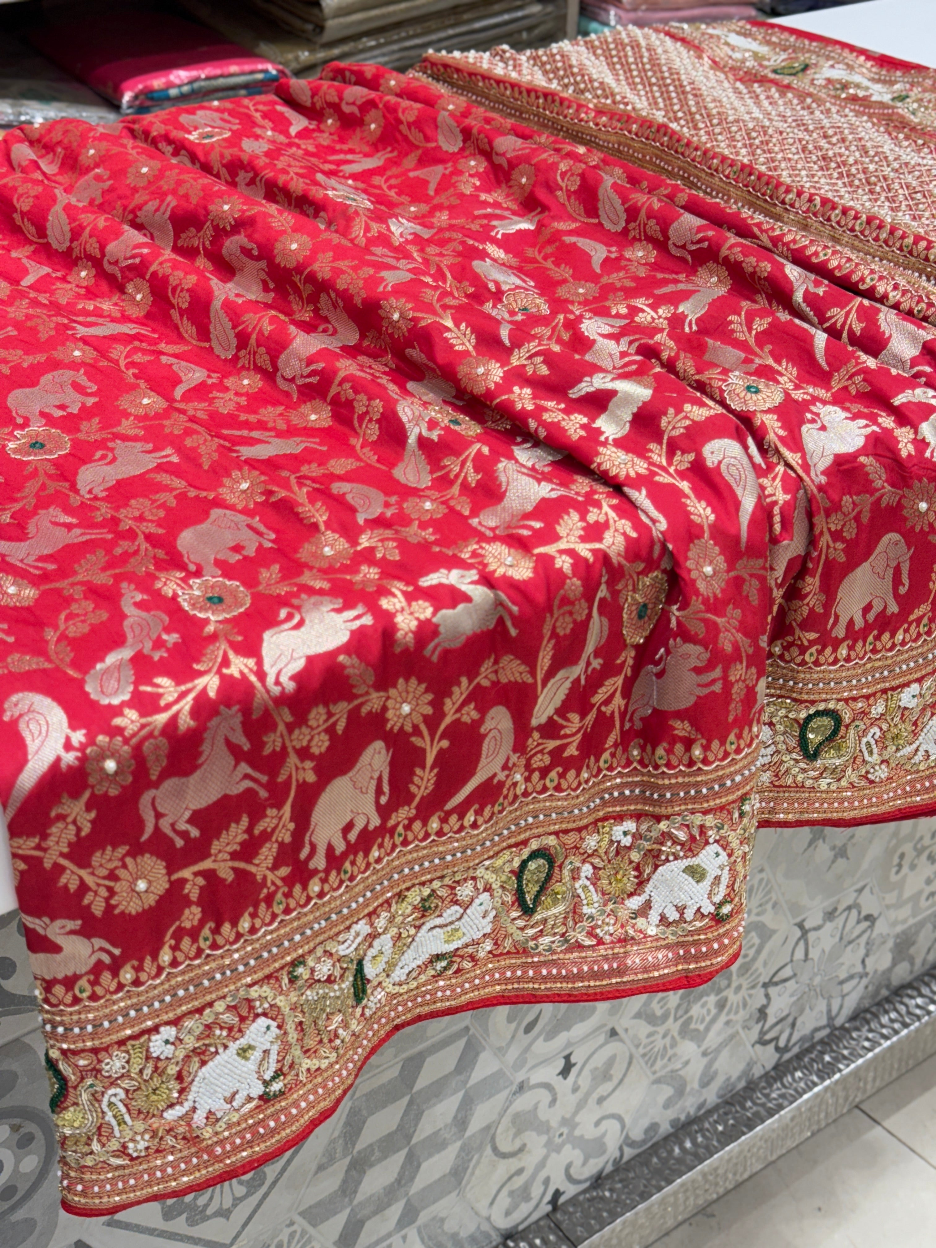 Red Banarasi Shikara Moti Embroidery