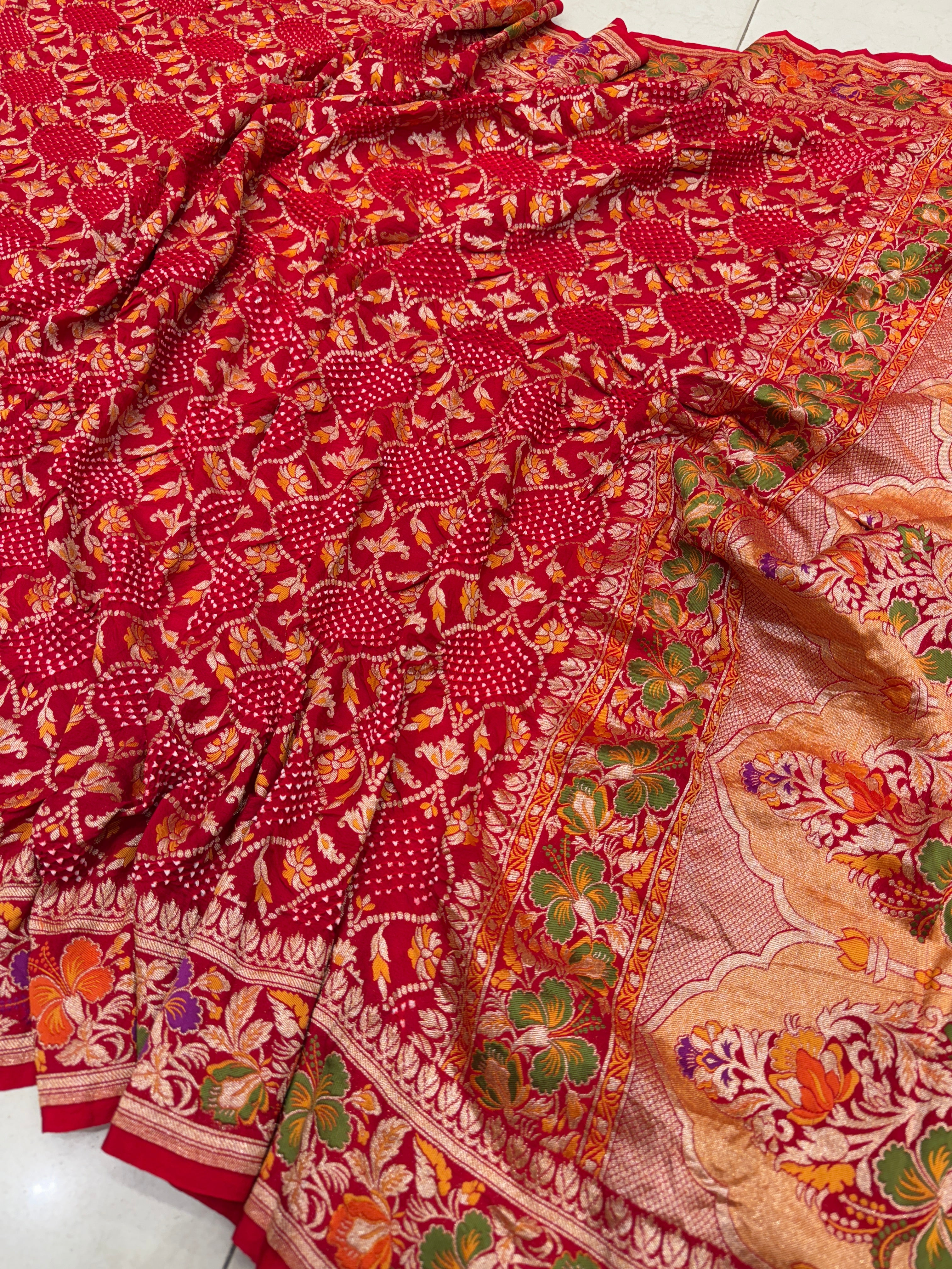 Red Handloom Meenakari Rai Bandhej Pure Zari Dupatta