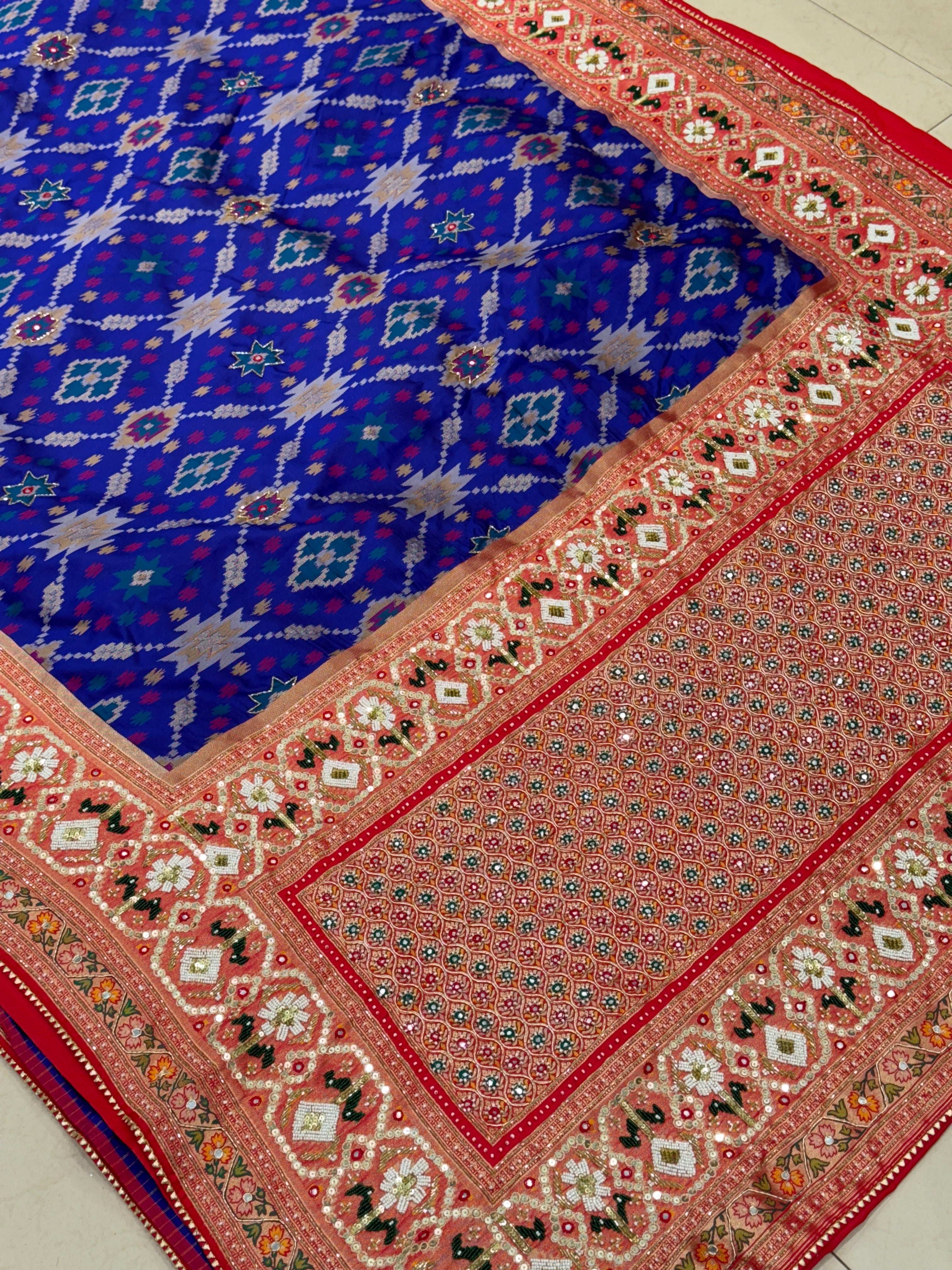 Royal Blue Patola Kidiya Moti Embroidery Saree