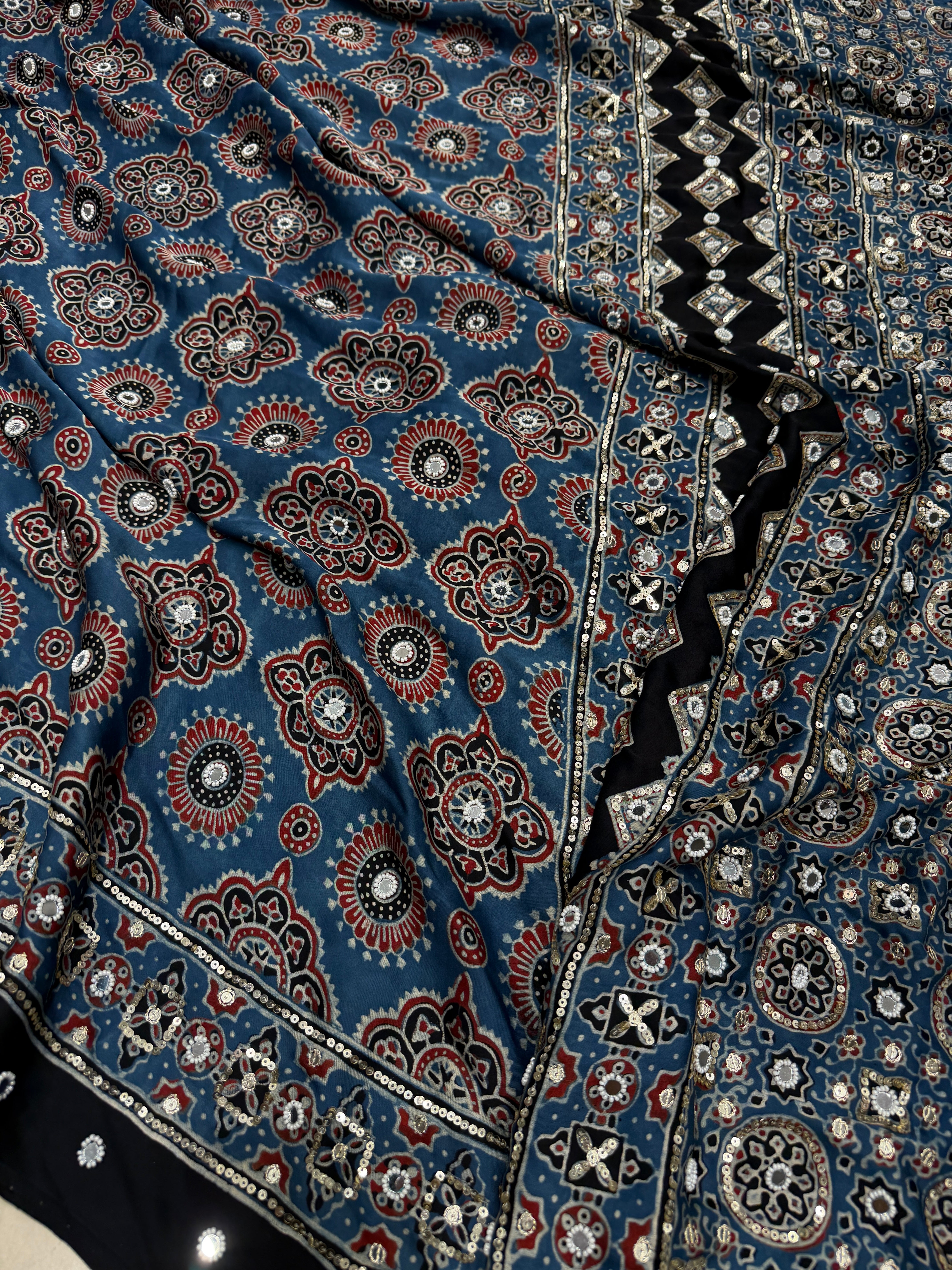 Blue Badam Ajrakh Butta Real Mirror Moti Sequin Hand Embroidery Saree